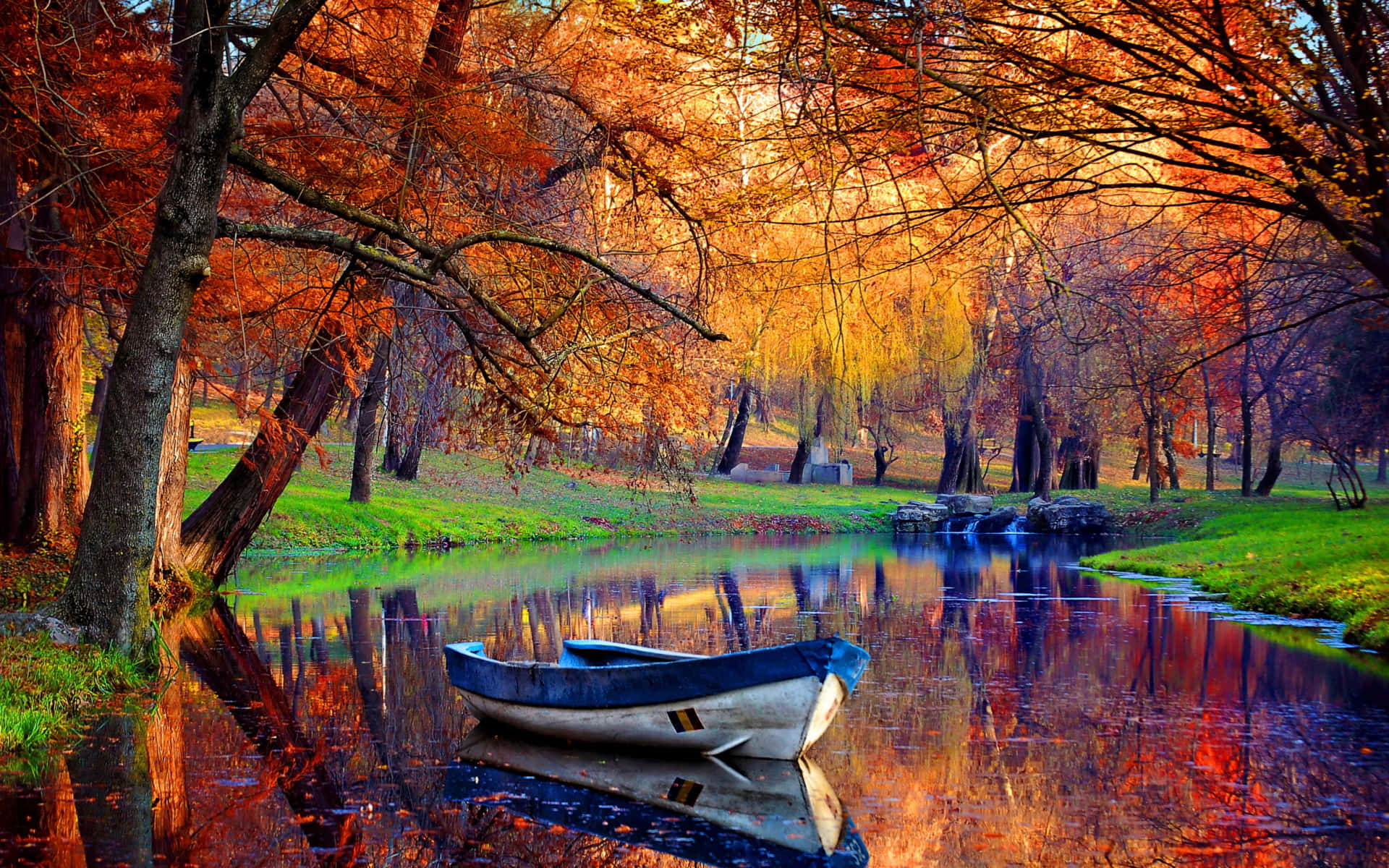 Fall River, blue boat, calm river, Full HD Desktop Wallpaper