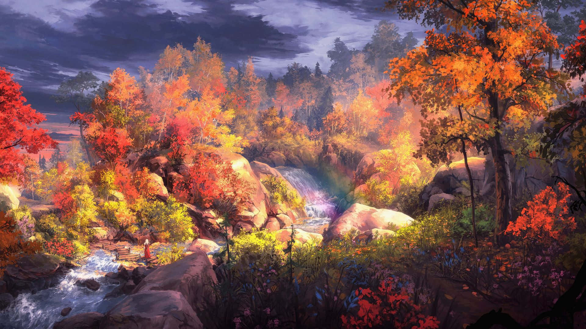 Fall River, autumn forest, fiery red and orange trees, Full HD Desktop Wallpaper