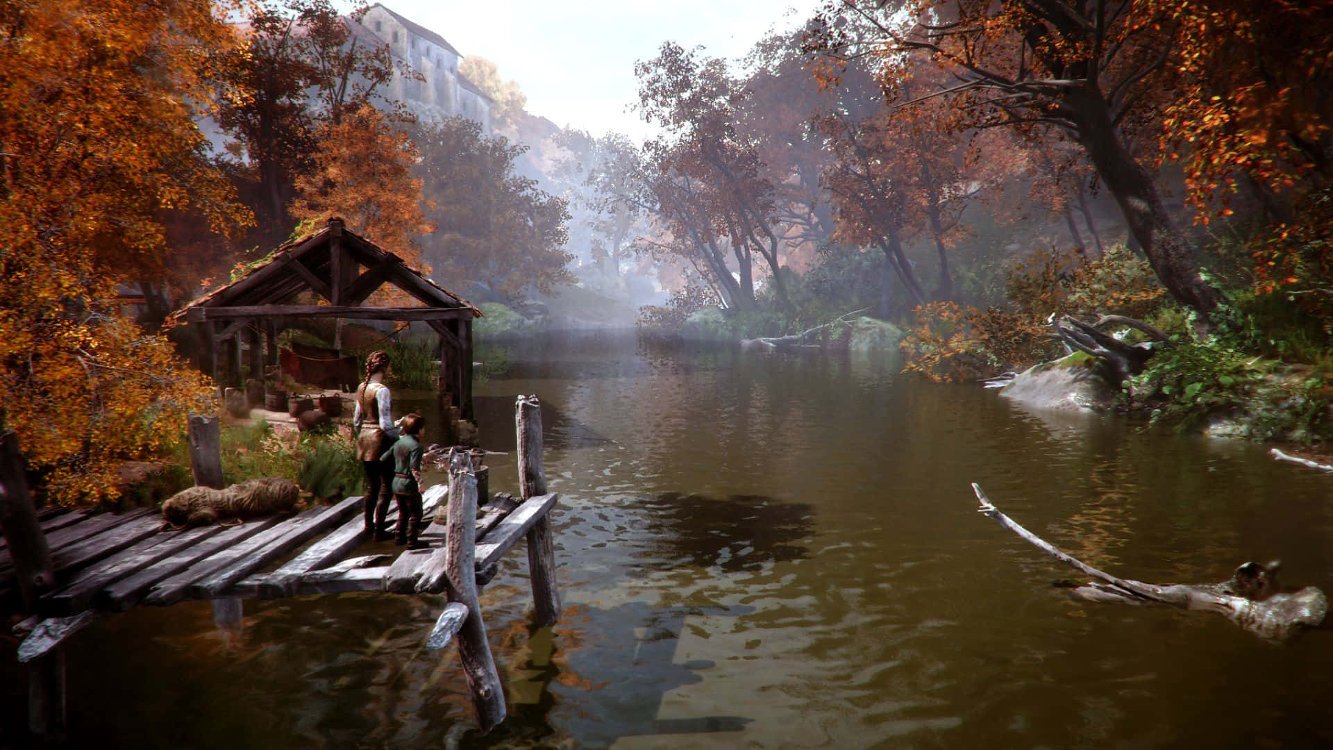 Fall River, weathered wooden dock, misty river, Full HD Desktop Wallpaper