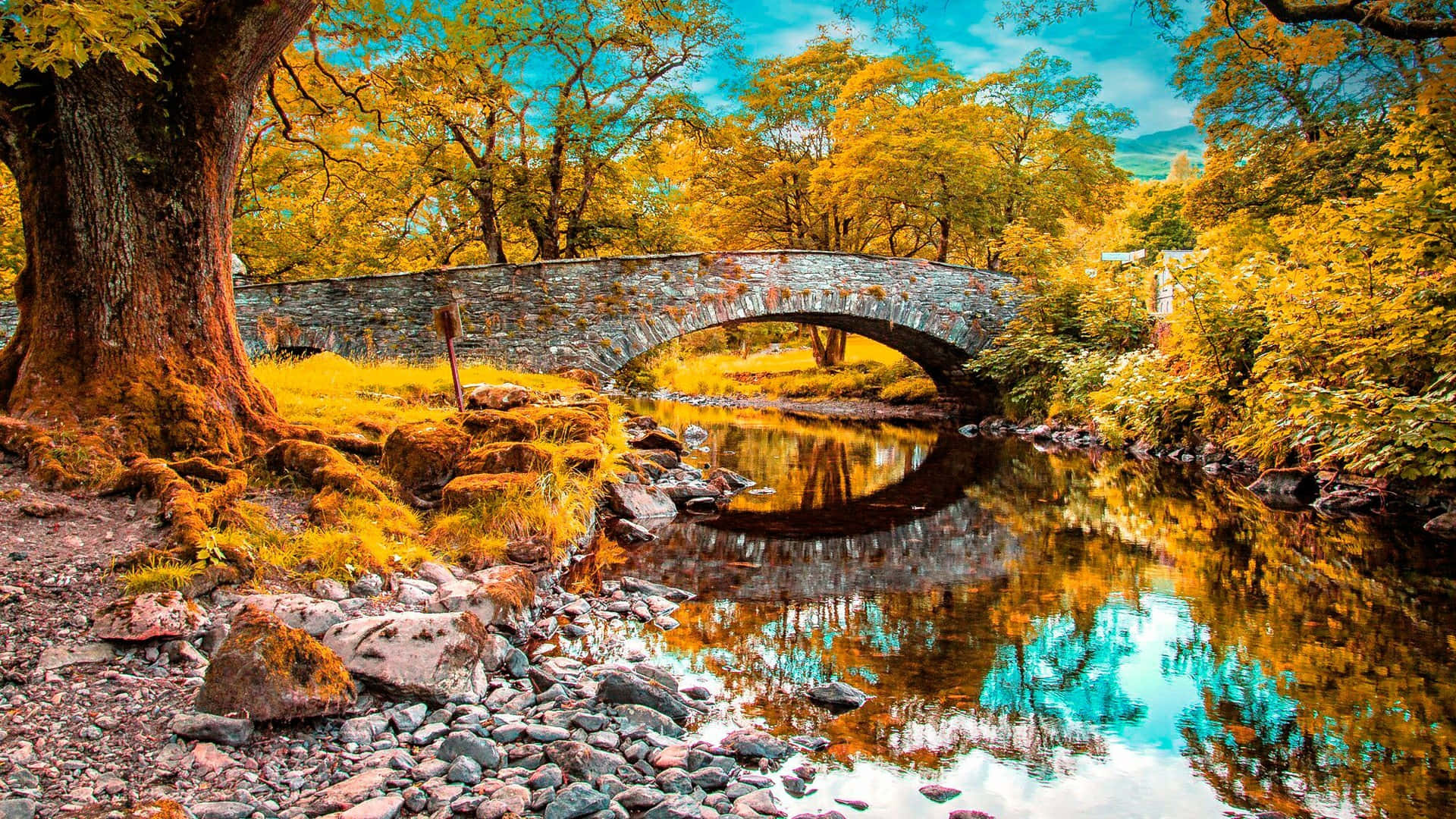 Fall River, stone arch bridge, calm river, Full HD Desktop Wallpaper