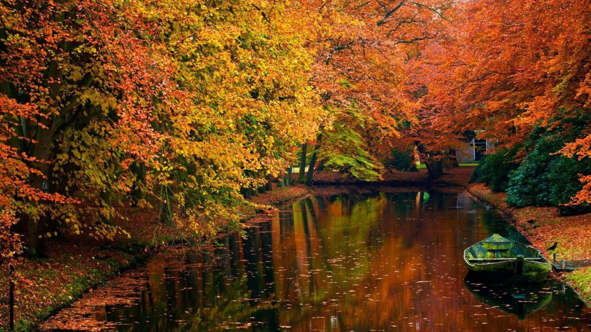 Fall River, autumn canal, fiery orange and golden trees, Full HD Desktop Wallpaper