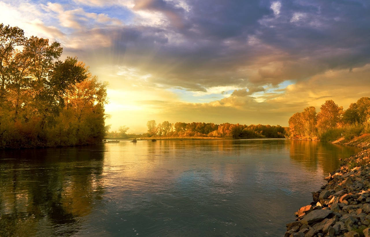 Golden sunset, calm river, autumn trees, HD Desktop Wallpaper