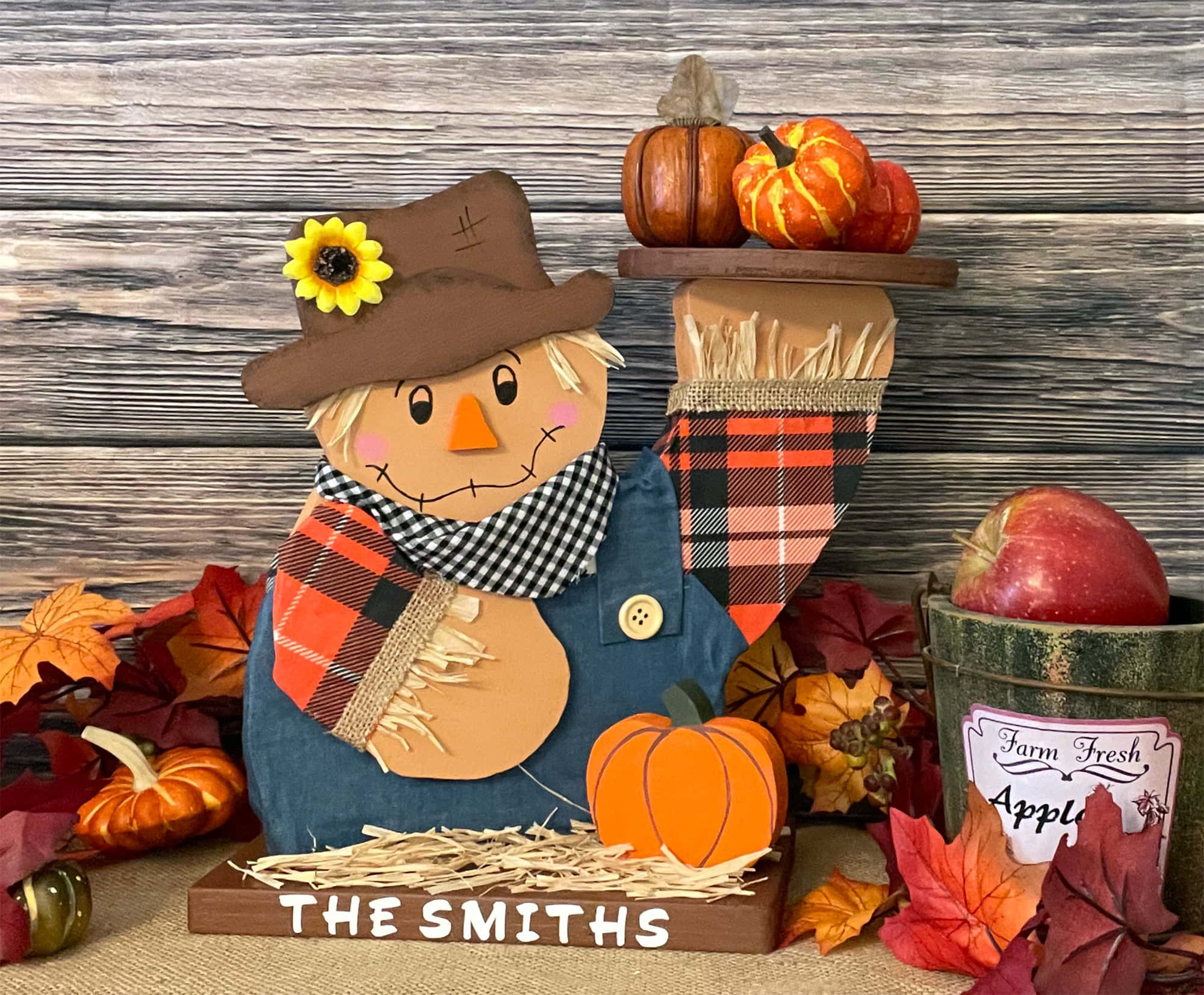 Fall Scarecrow, sunflower hat, plaid scarf, Full HD Desktop Wallpaper