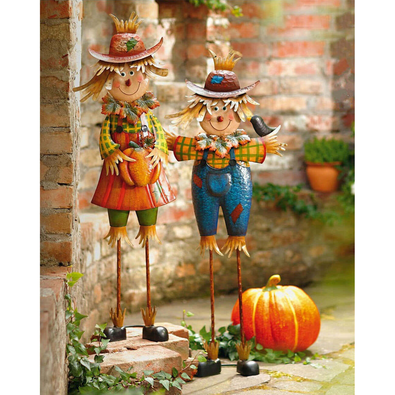 Fall Scarecrow, pumpkin, brick wall, HD Desktop Wallpaper