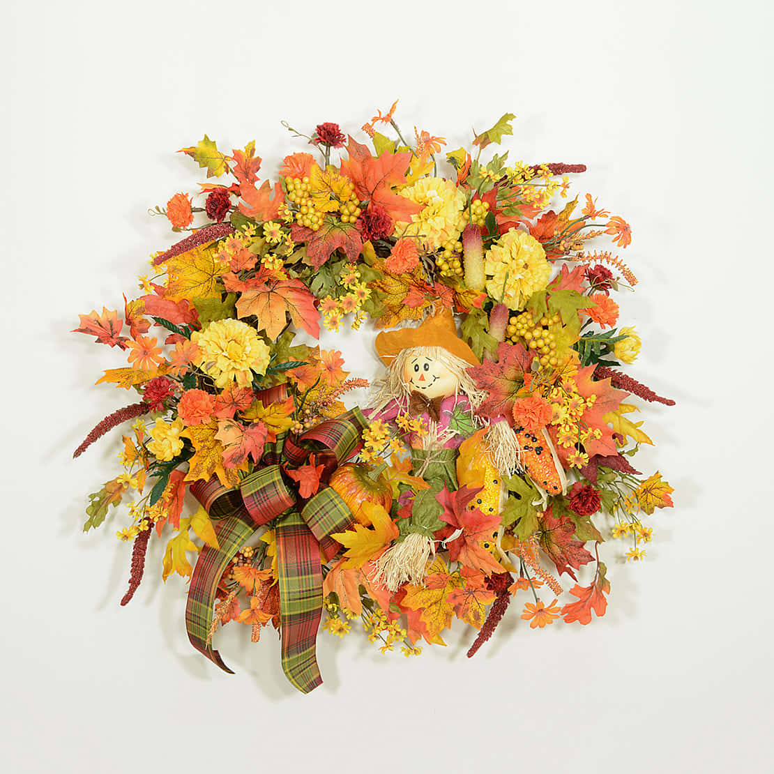 Fall Scarecrow, autumn wreath, orange yellow and red leaves, SD Desktop Wallpaper
