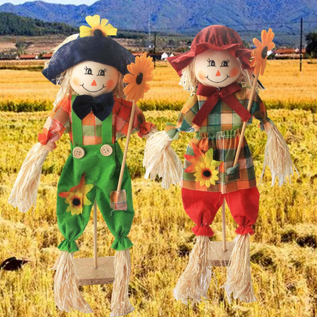 Fall Scarecrow, plaid outfits, sunflower hats, SD Desktop Wallpaper