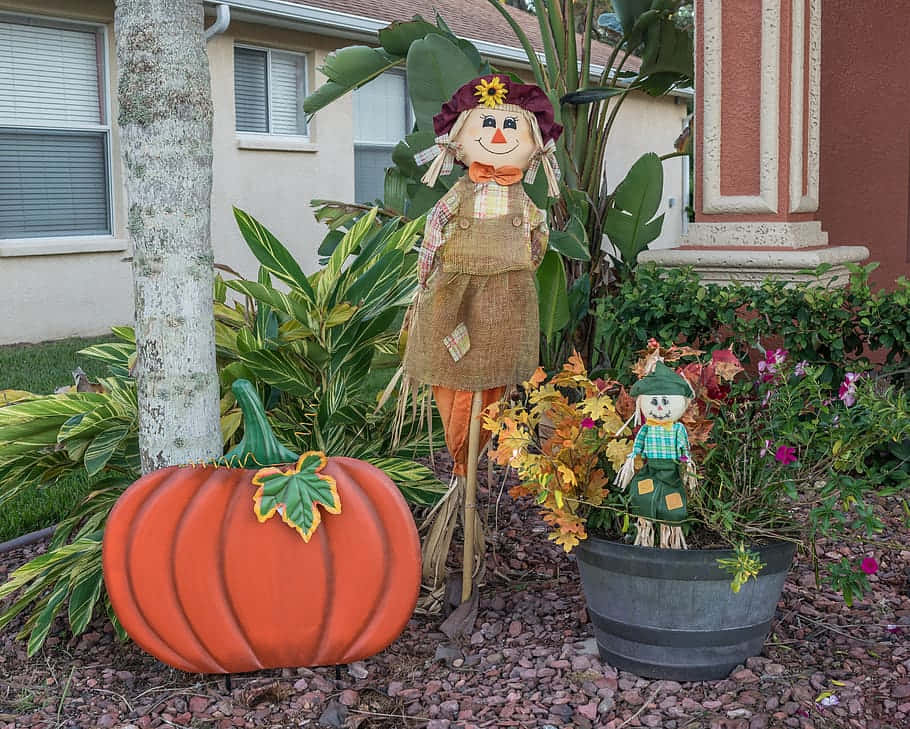 Fall Scarecrow, autumn field, orange pumpkin, SD Desktop Wallpaper