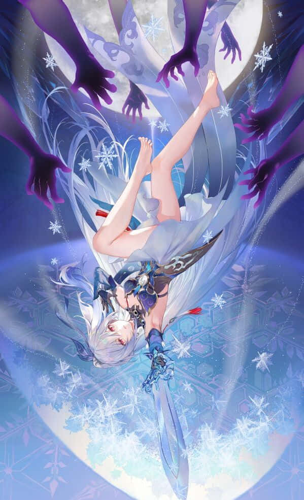 silver-haired anime girl, blue armor, falling snowflakes, SD Phone Wallpaper