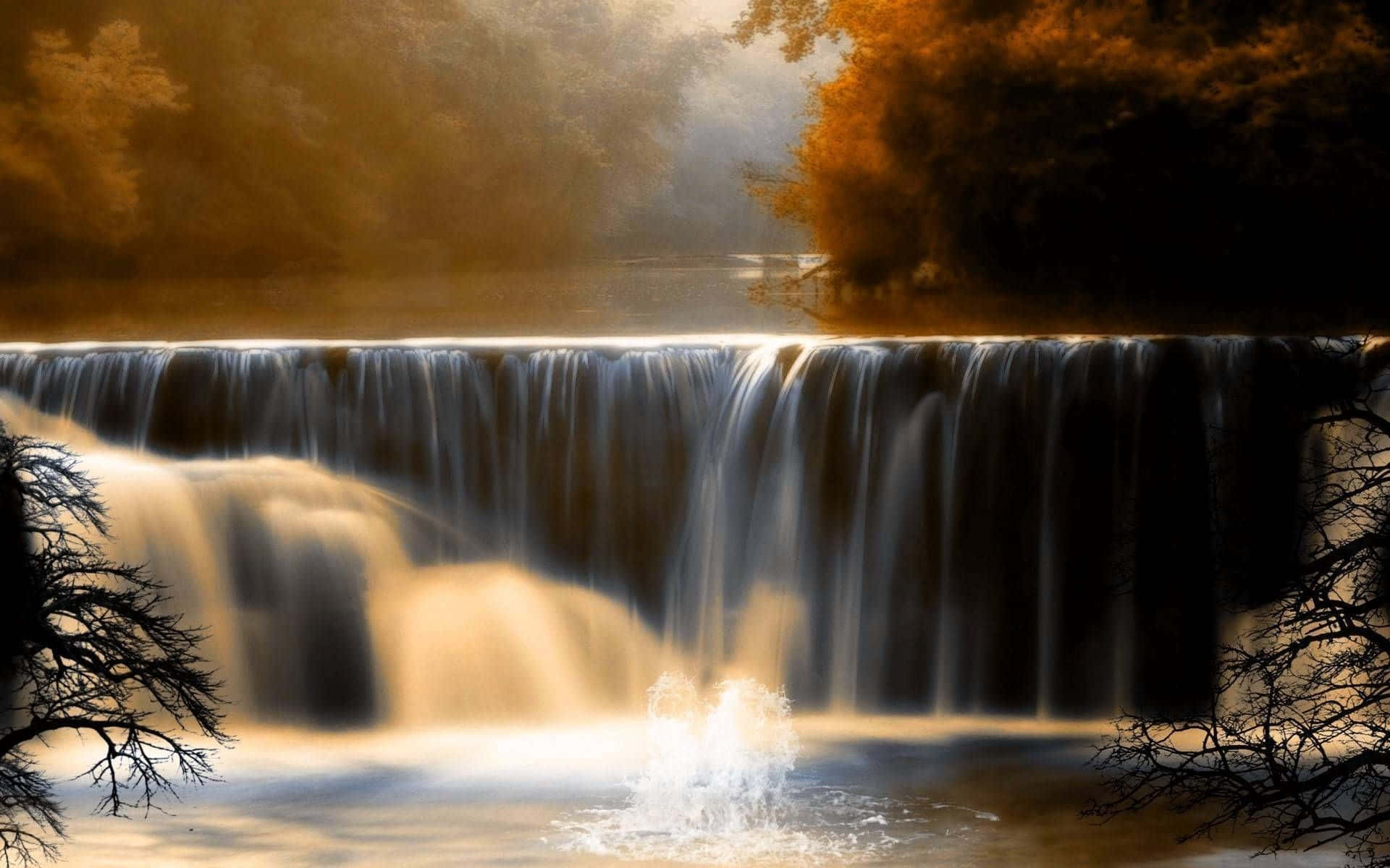waterfall, golden autumn trees, warm sunlight, Full HD Desktop Wallpaper