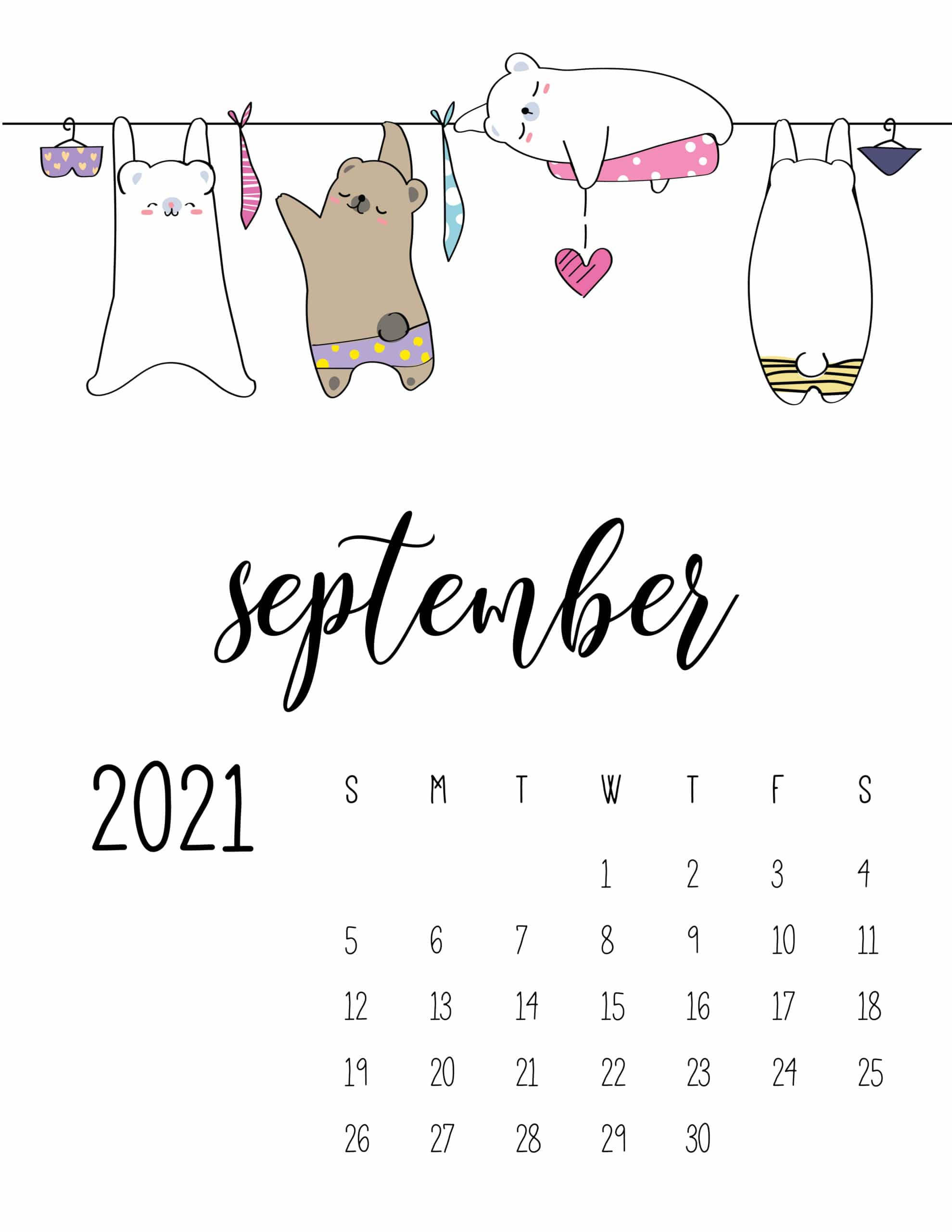 September 2021 calendar, handwritten script, cartoon animals, 2K Phone Wallpaper