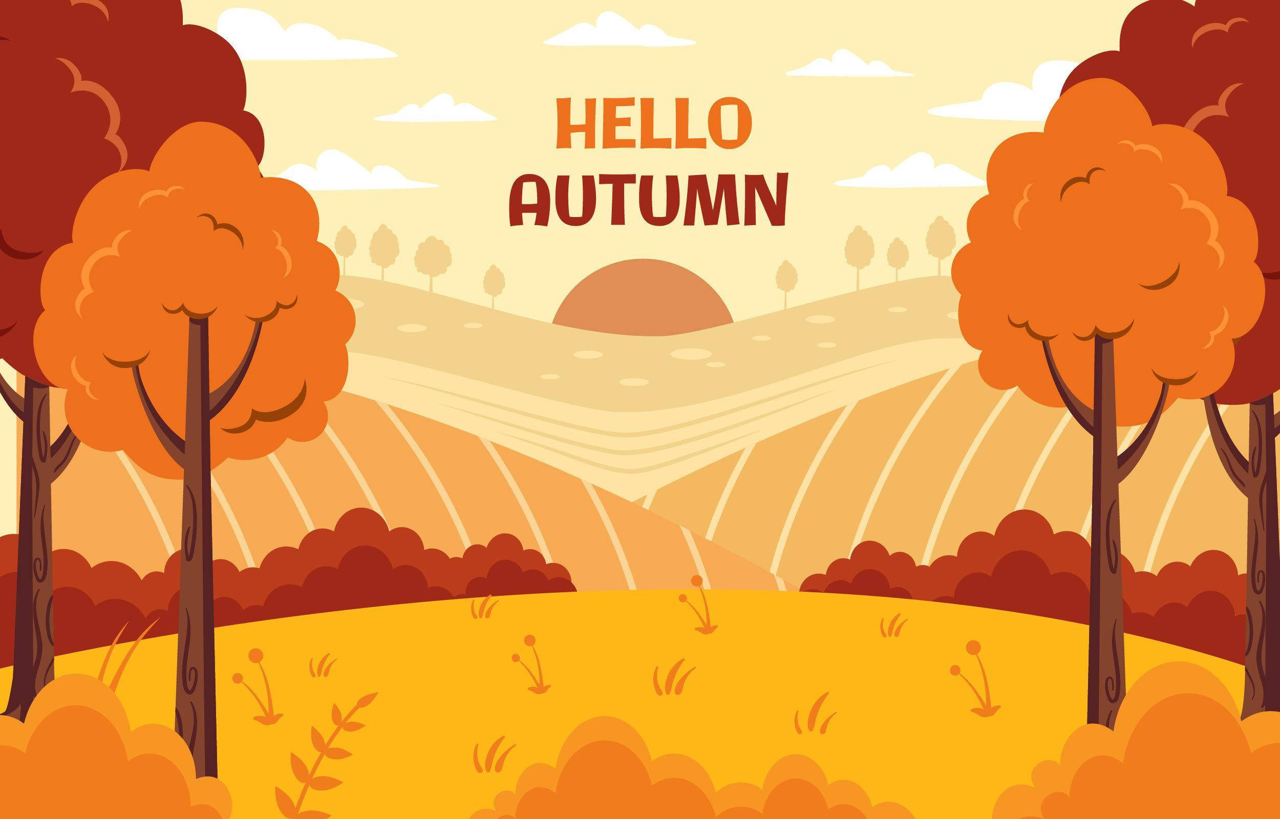Hello Autumn Poster, orange trees, rolling hills, Full HD Desktop Wallpaper