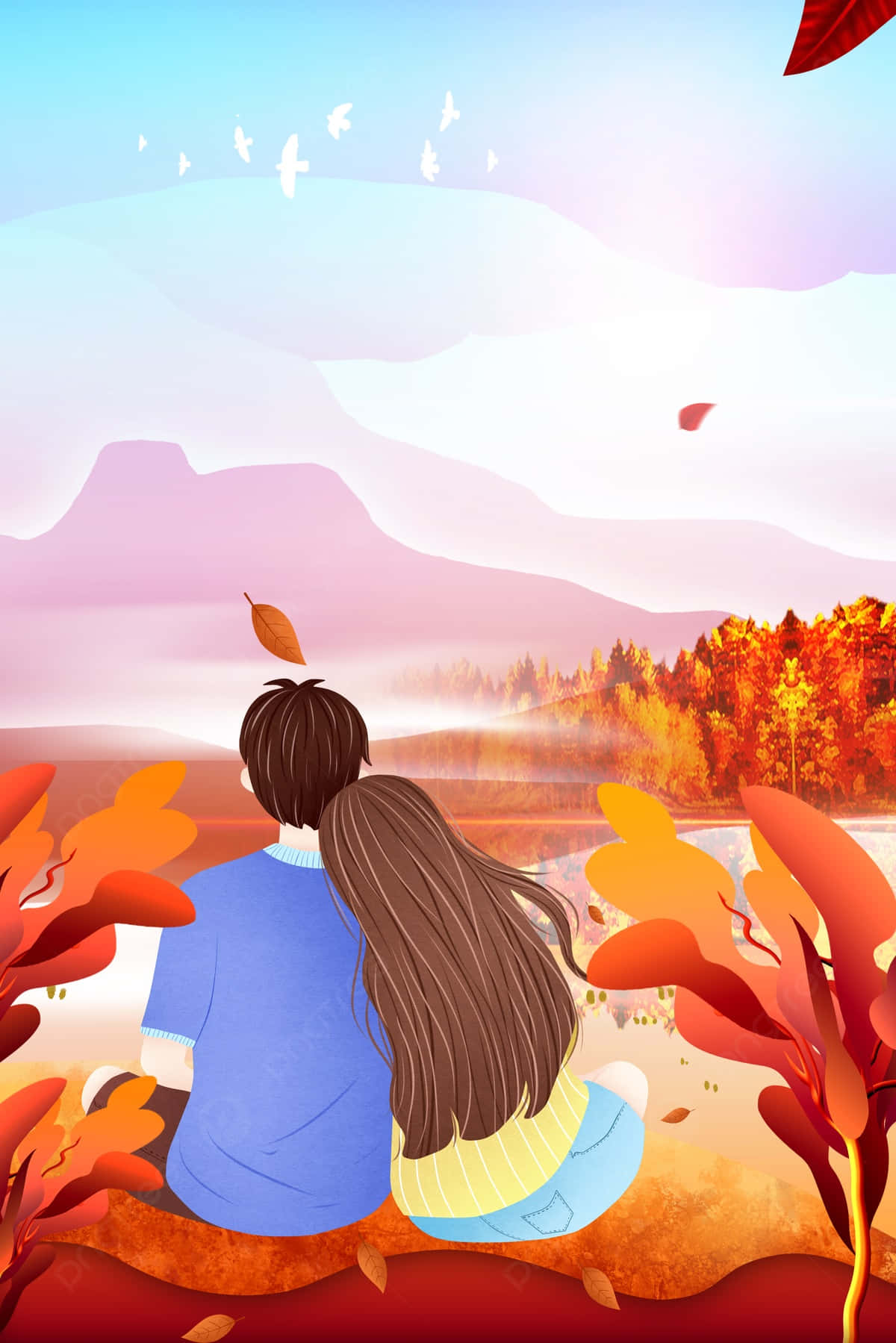 autumn lovers, forest lake, distant mountains, HD Phone Wallpaper