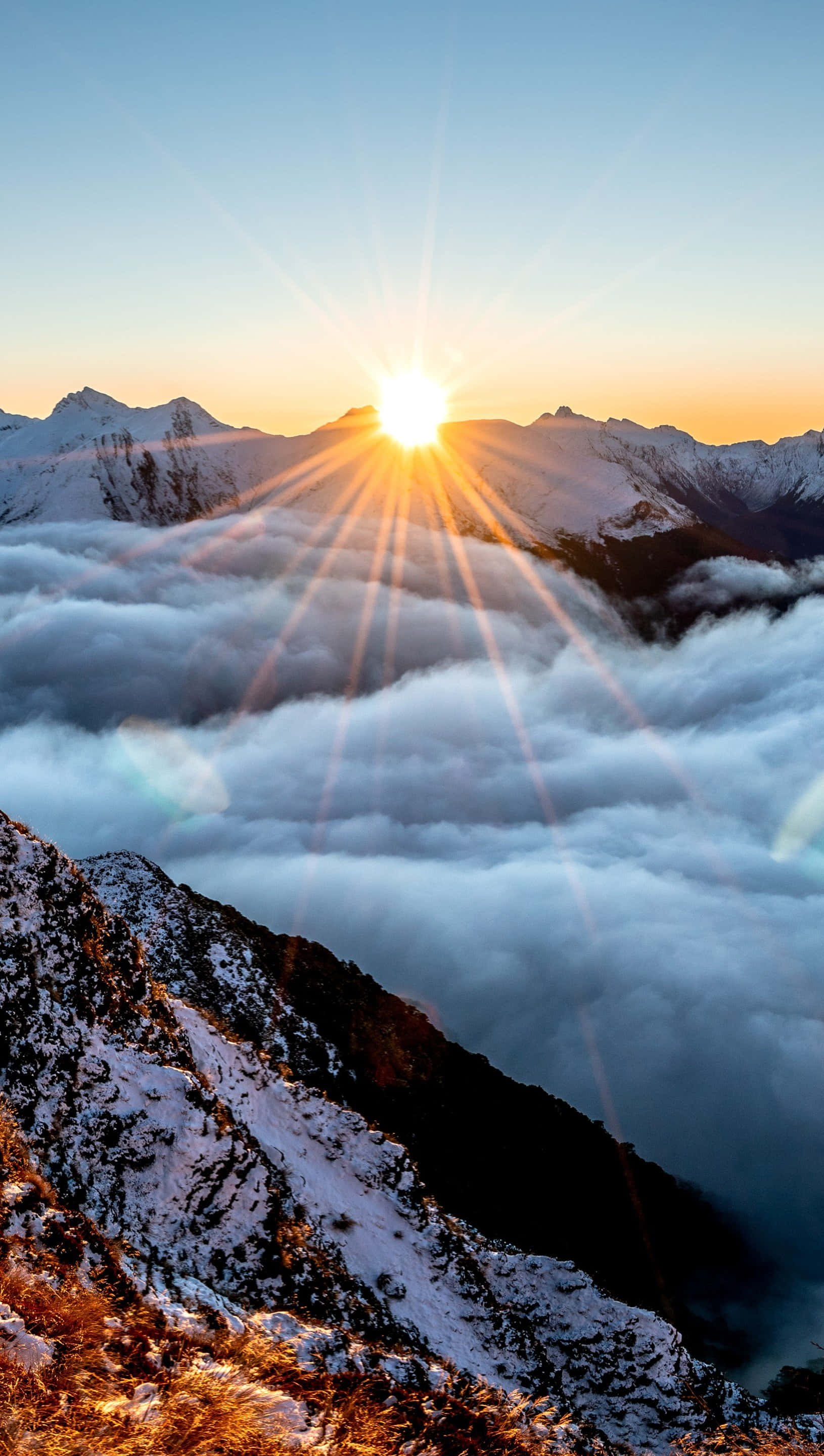 sunburst, snowcapped peaks, sea of clouds, 2K Phone Wallpaper