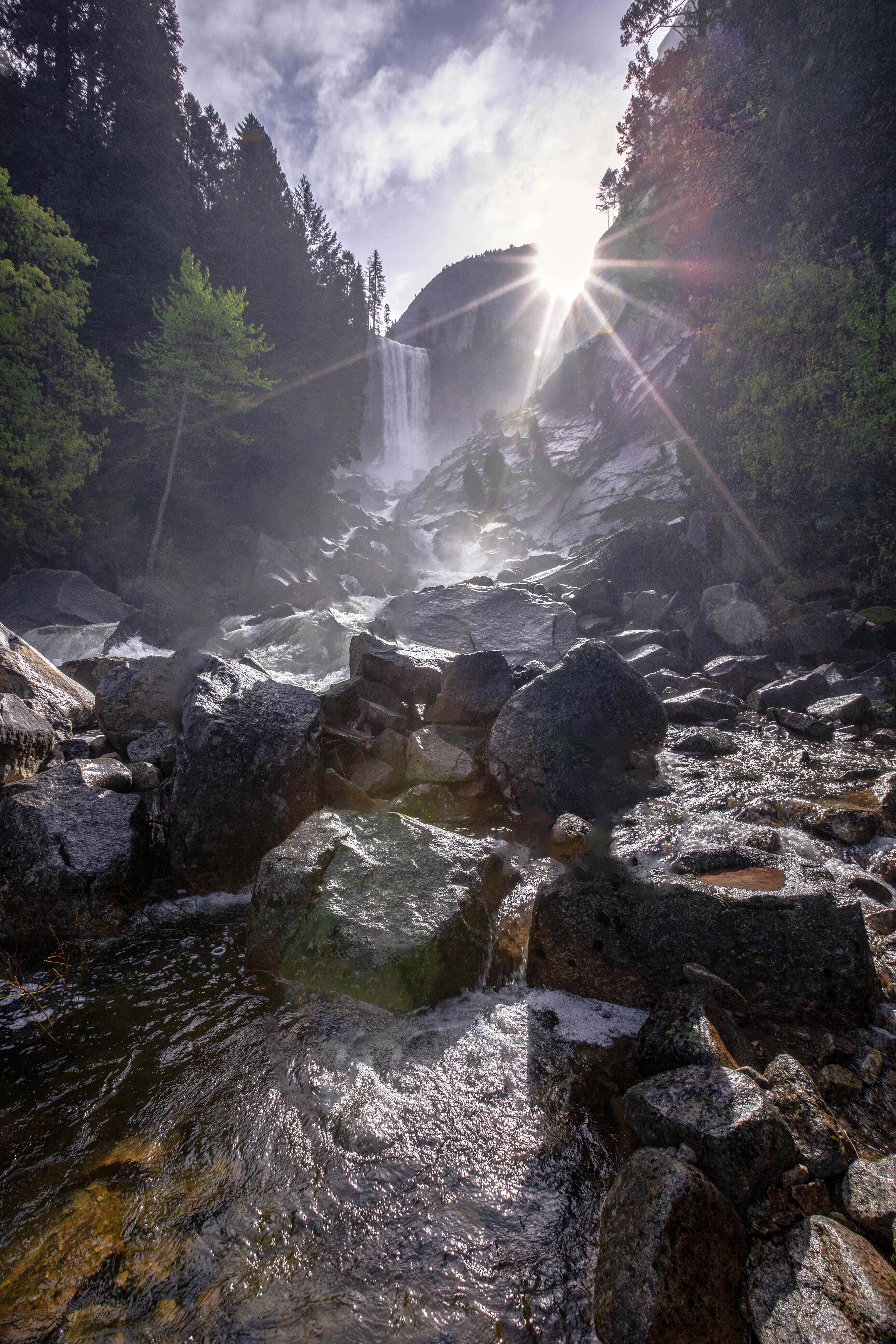 Autumn Sunrise, waterfall, sunburst, 5K Phone Wallpaper