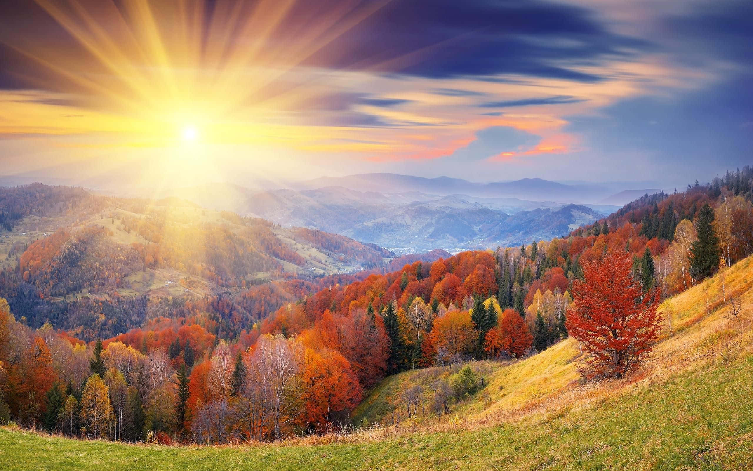 Fall Sunrise, sunburst, rolling hills, 2K Desktop Wallpaper