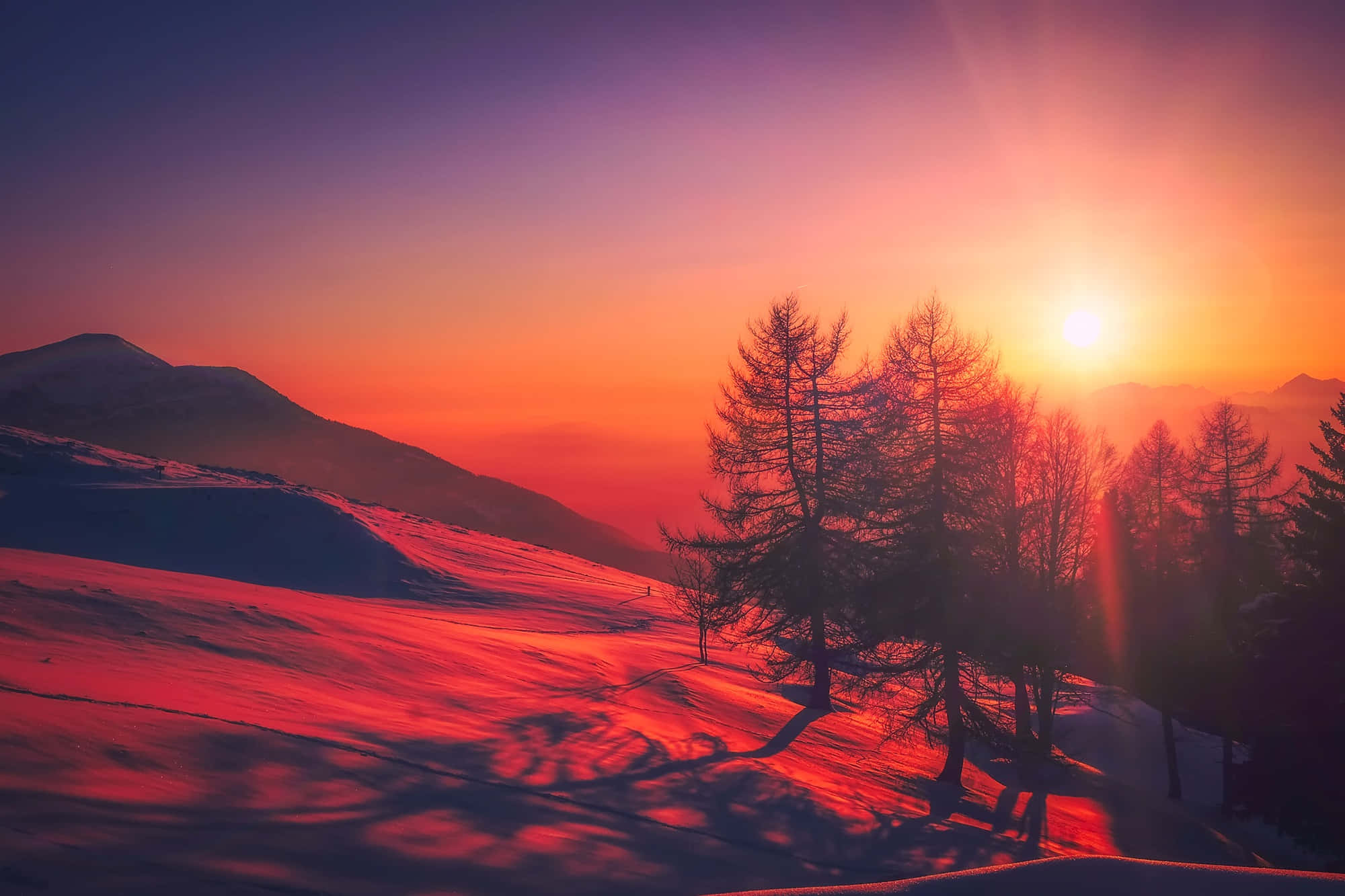 Fall Sunrise, sunset, snowy mountains, Full HD Desktop Wallpaper