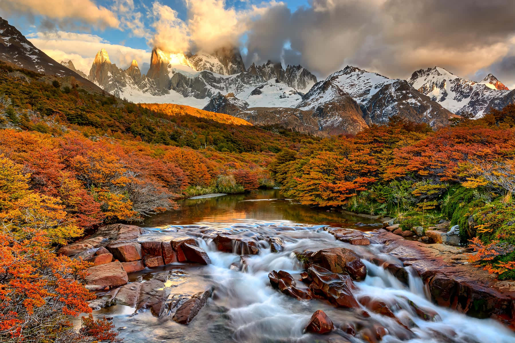 autumn forests, snowcapped mountains, golden clouds, HD Desktop Wallpaper