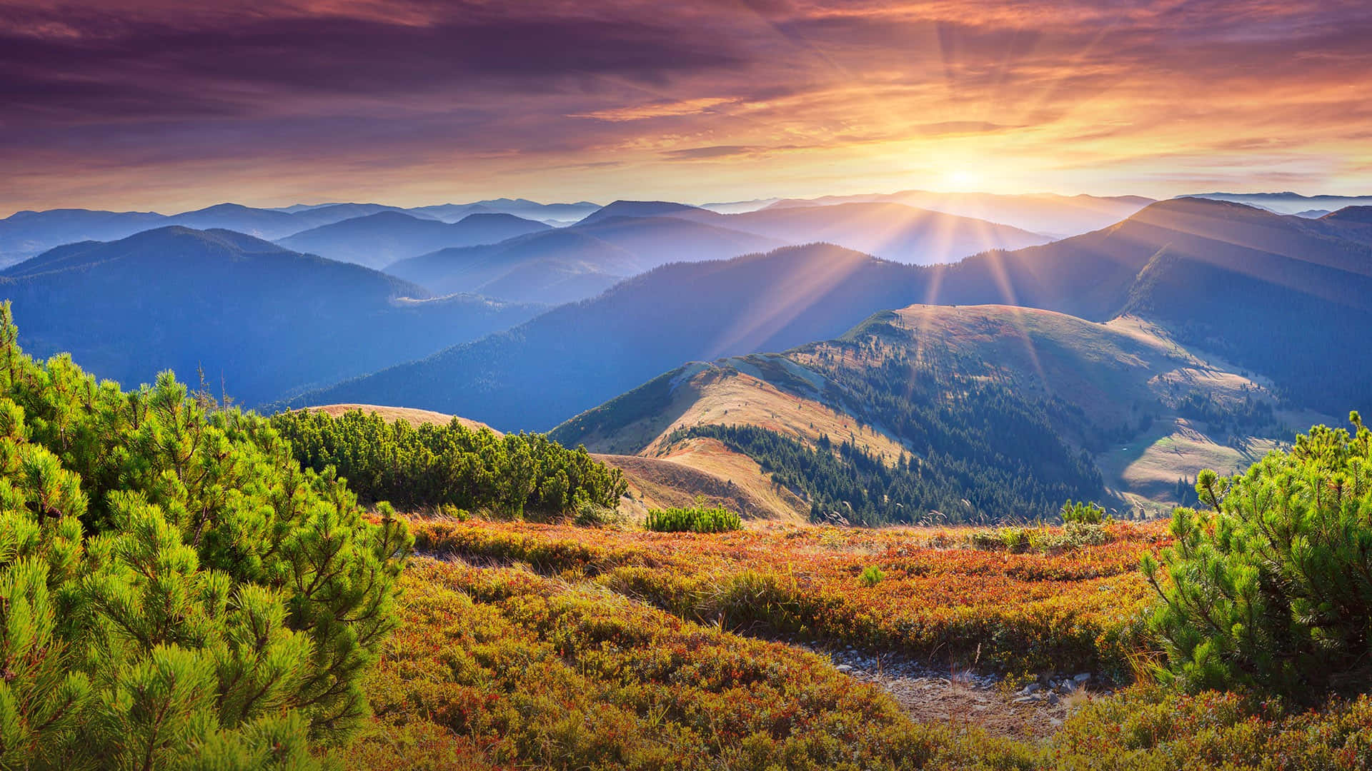 autumnal mountain sunrise landscape, sunburst rays, purple orange clouds, Full HD Desktop Wallpaper