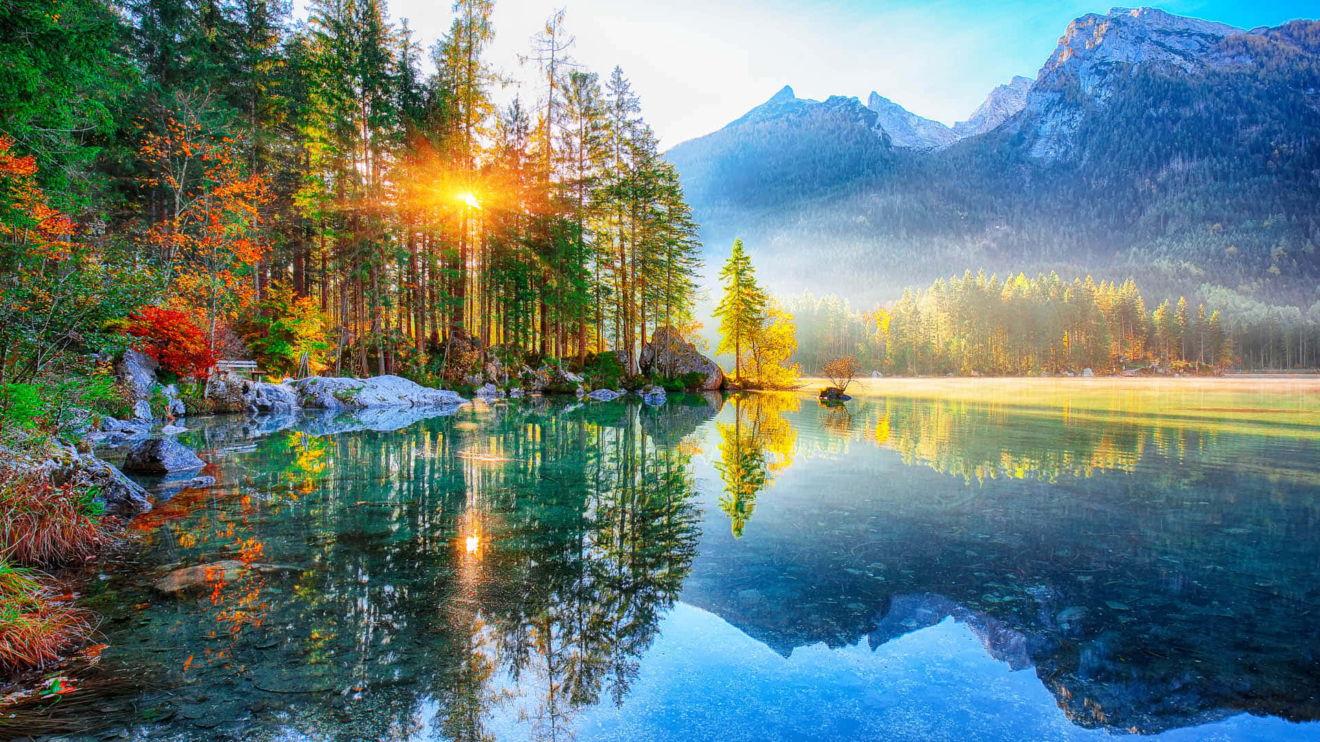 autumn trees, calm mountain lake, snow-capped peaks, Full HD Desktop Wallpaper