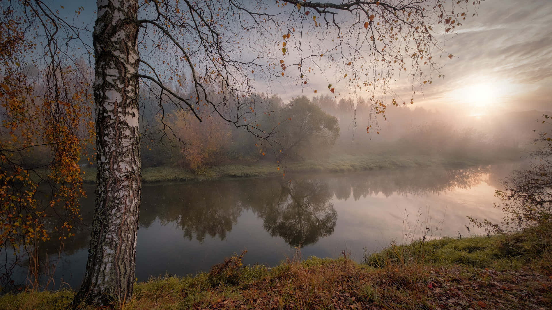 autumnal sunrise, misty autumn morning, calm river, Full HD Desktop Wallpaper