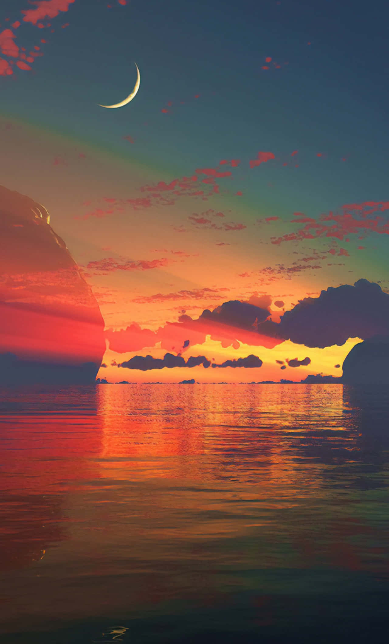 sunset, crescent moon, calm waters, Full HD Phone Wallpaper