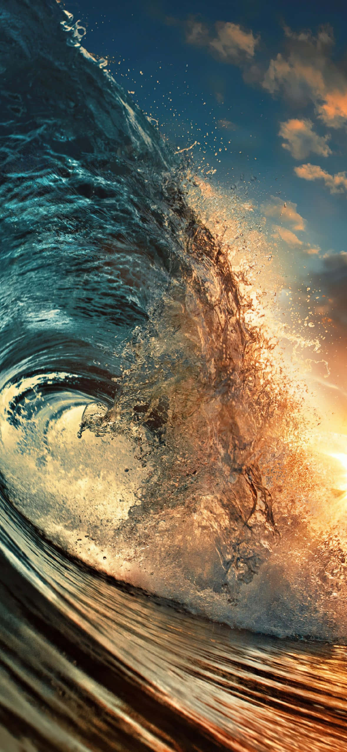 sunset wave, golden sunset light, turquoise water, Full HD Phone Wallpaper