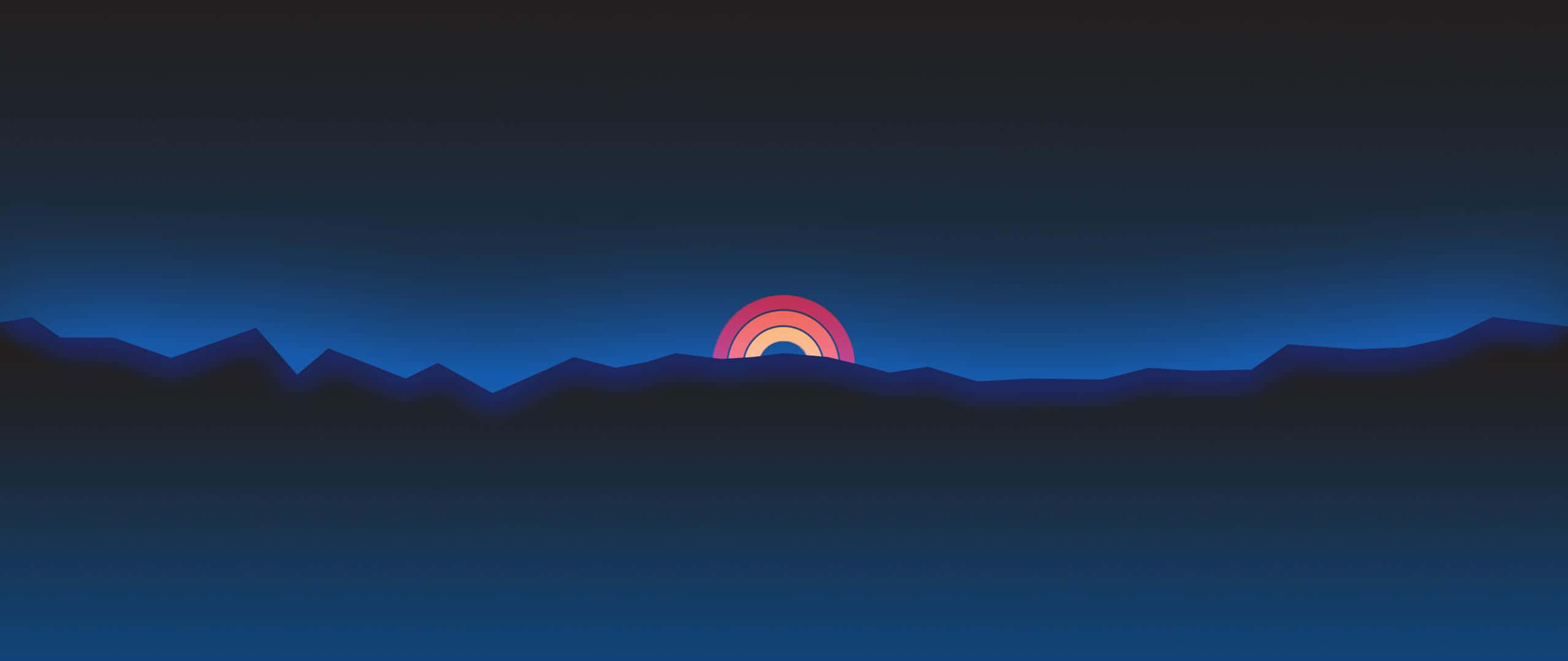 minimalist sunset, colorful concentric circle sun, dark blue mountain silhouettes, 2K Desktop Wallpaper
