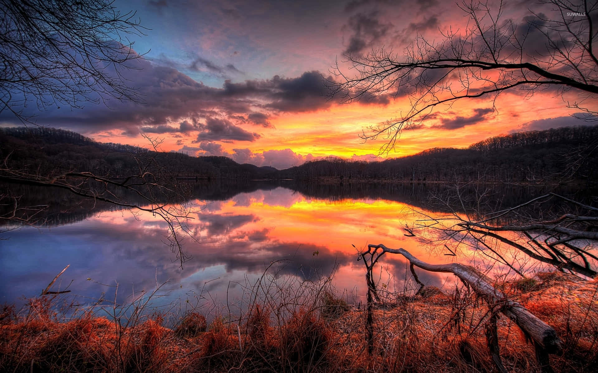 Fall Sunset, vibrant hues, fiery oranges and purples, Full HD Desktop Wallpaper