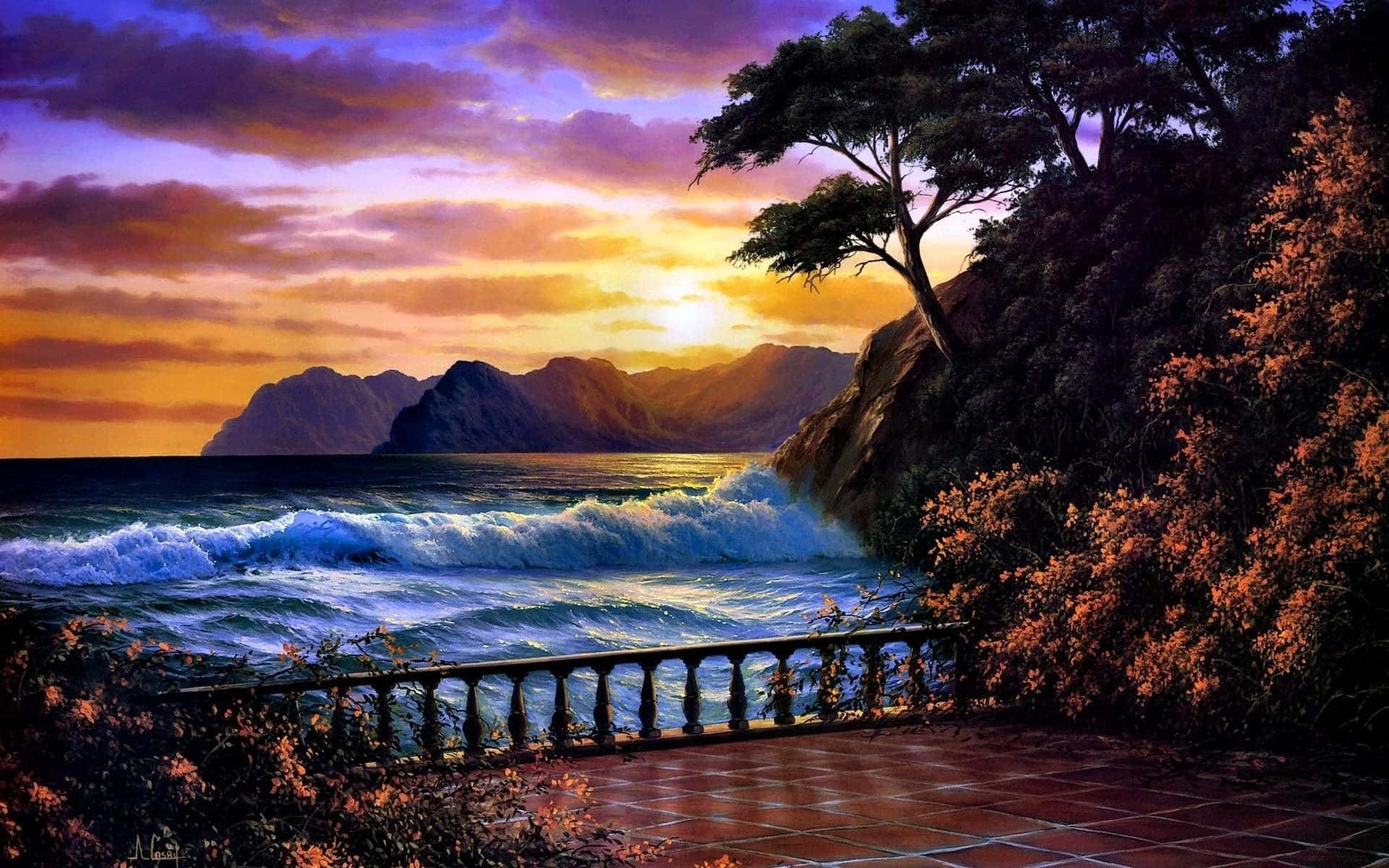 Fall Sunset, rocky coastline, crashing waves, Full HD Desktop Wallpaper