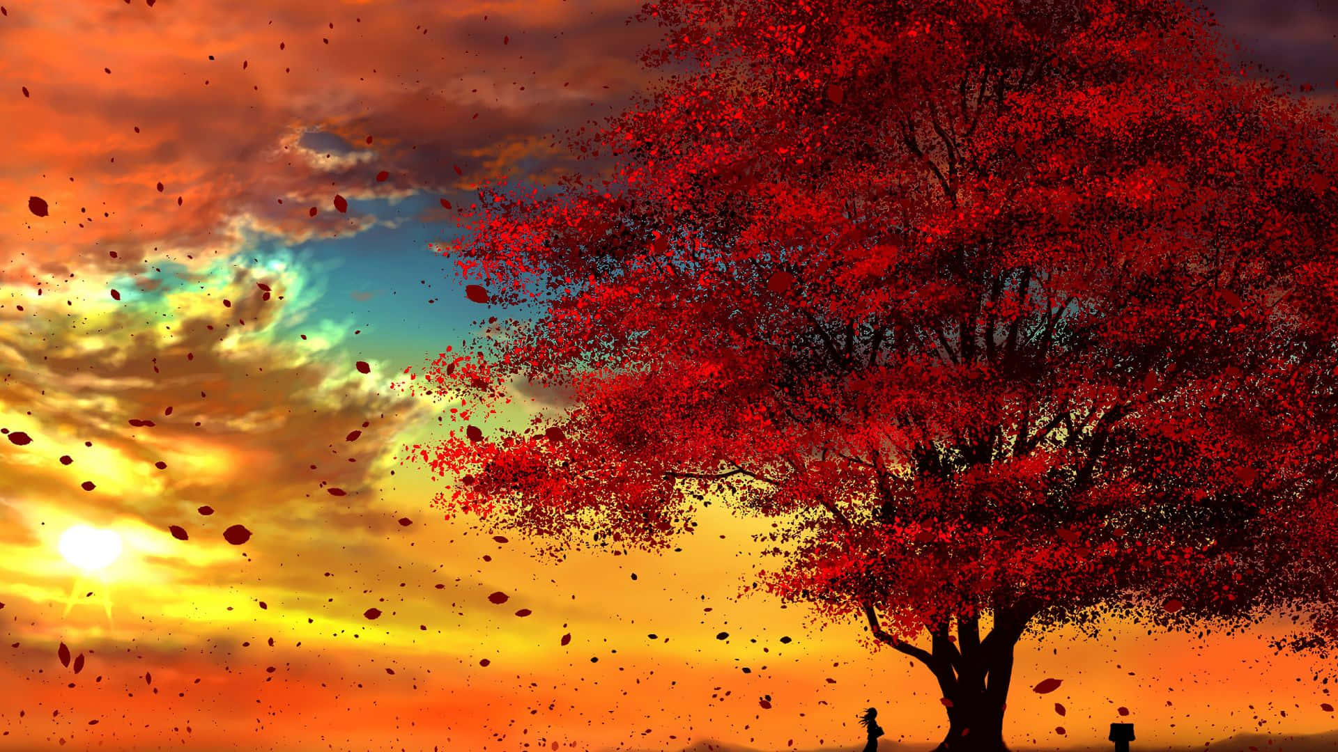 Fall Sunset, fiery red leaves, dramatic sunset sky, Full HD Desktop Wallpaper