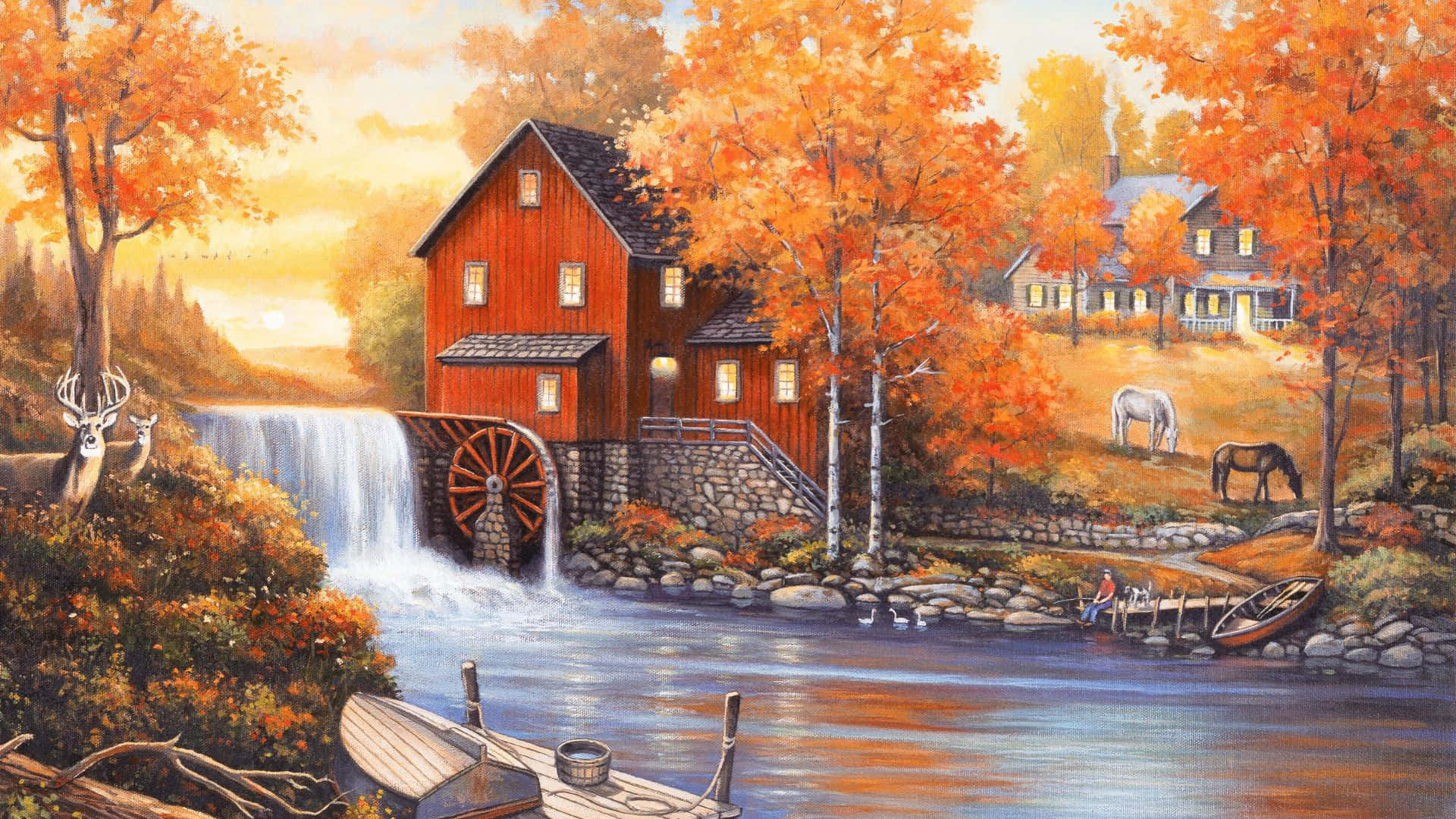 Fall Sunset, red watermill, cascading waterfall, Full HD Desktop Wallpaper