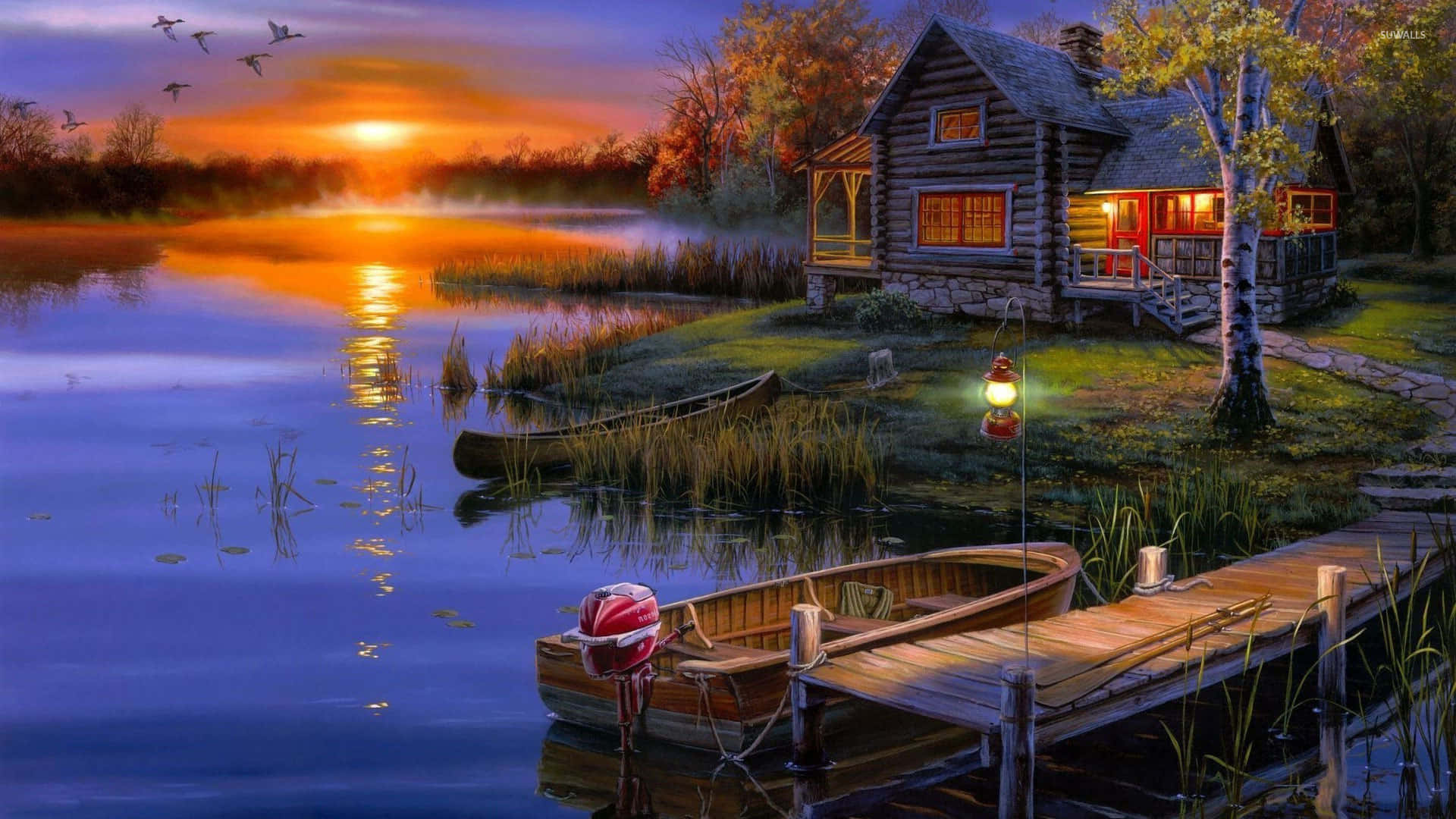 Fall Sunset, log cabin, misty lake, Full HD Desktop Wallpaper