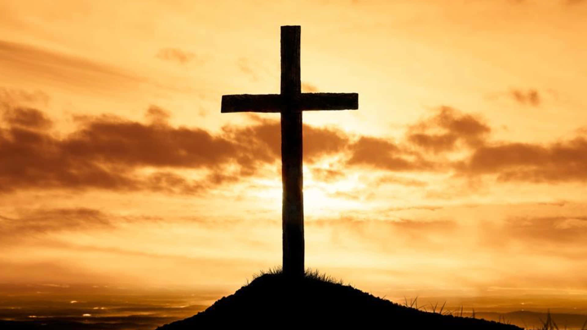 wooden cross, grassy hill, vibrant orange sunset, Full HD Desktop Wallpaper