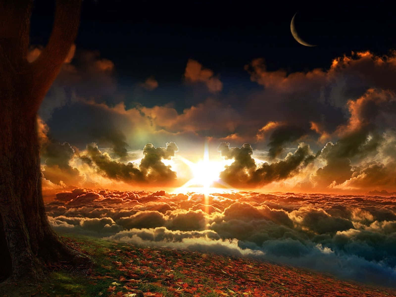 Fall Sunset, crescent moon, sunburst, HD Desktop Wallpaper