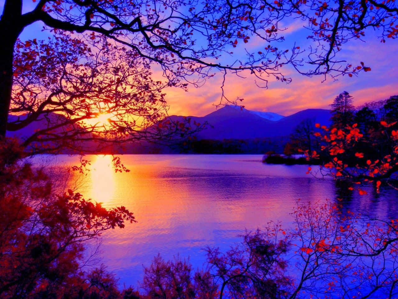 Fall Sunset, lake, fiery orange, HD Desktop Wallpaper