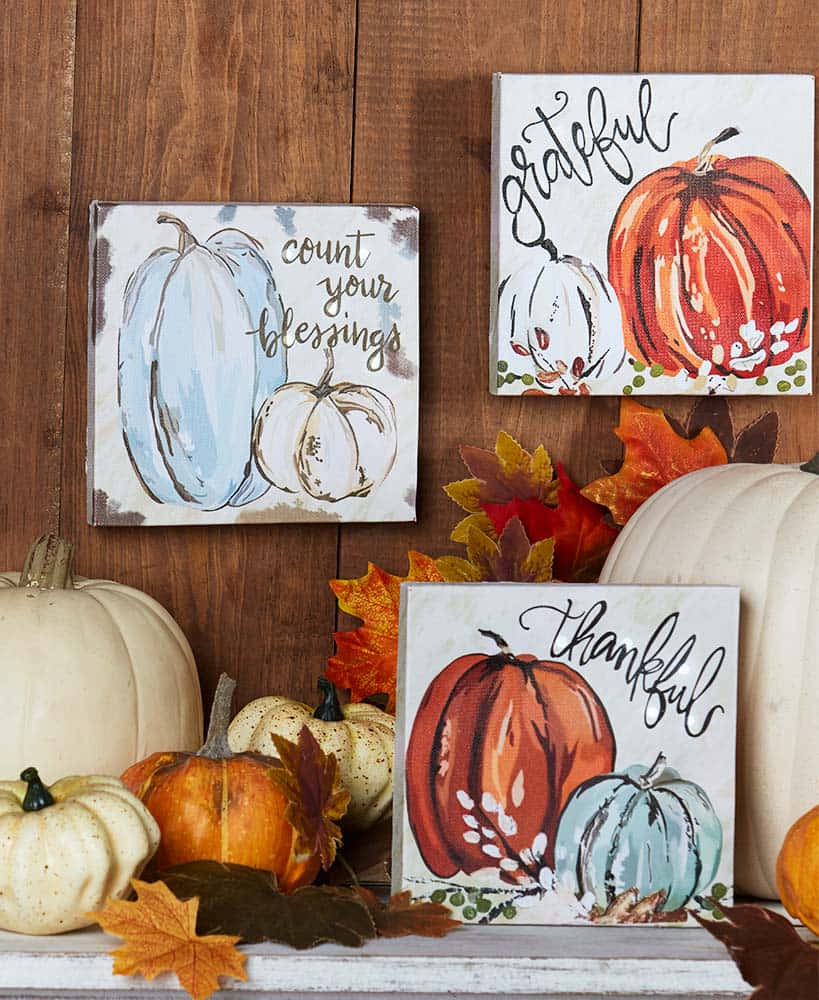 Wood Wall Plaque, Fall Thanksgiving, watercolor pumpkins, SD Phone Wallpaper