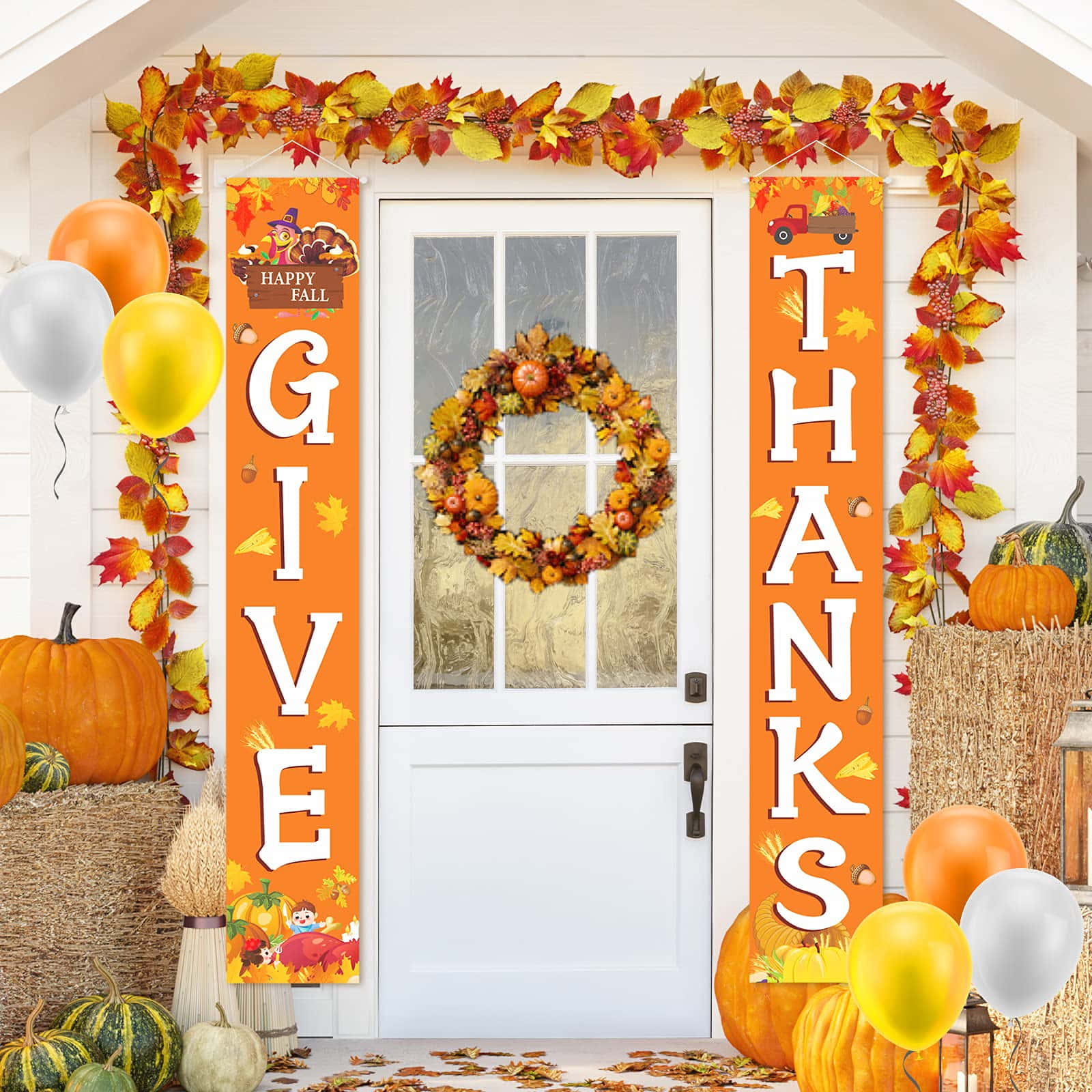 Porch, Fall Thanksgiving, orange banners, HD Desktop Wallpaper