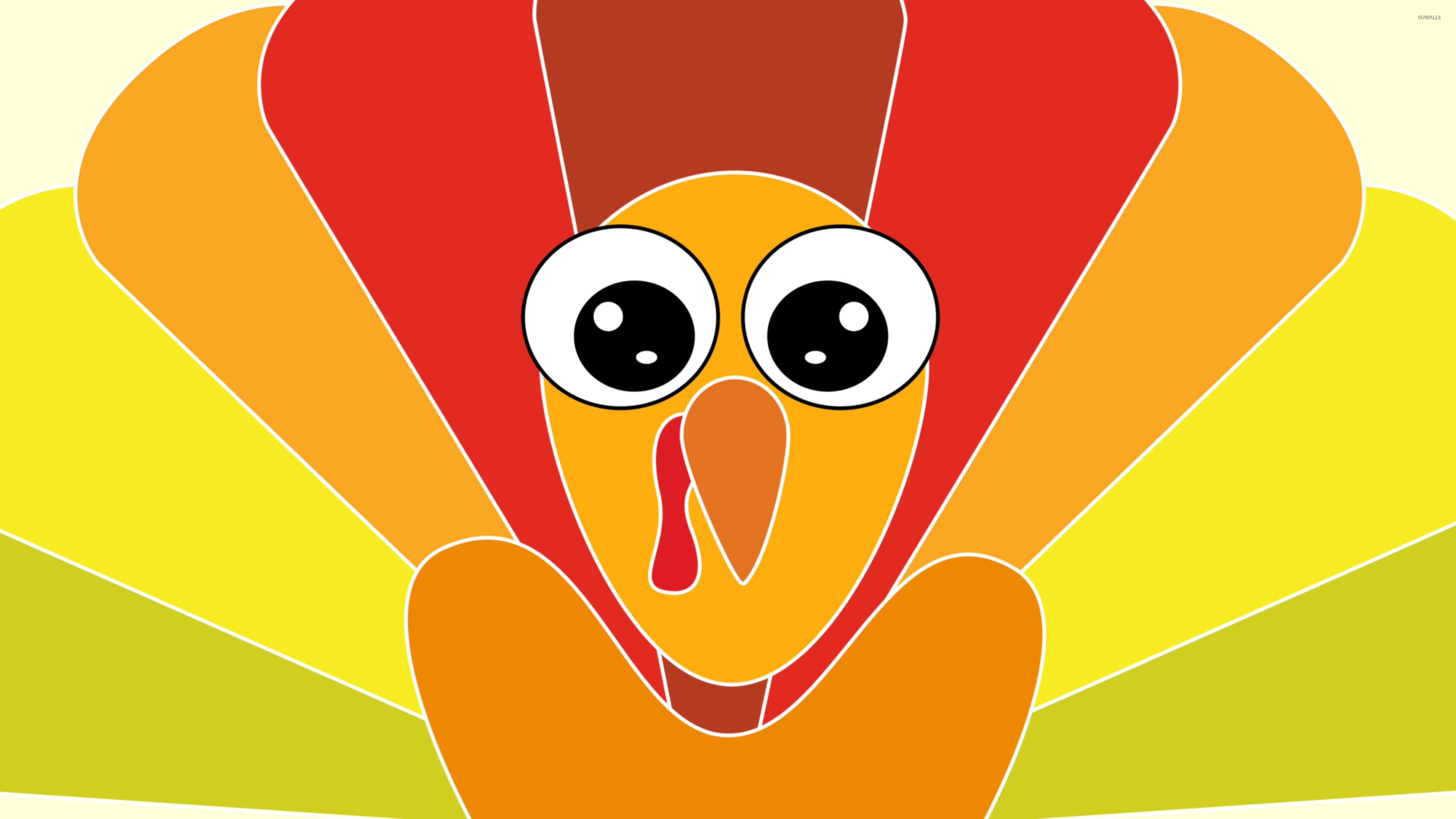 cartoon turkey, big eyes, colorful fanned tail feathers, 4K Desktop Wallpaper