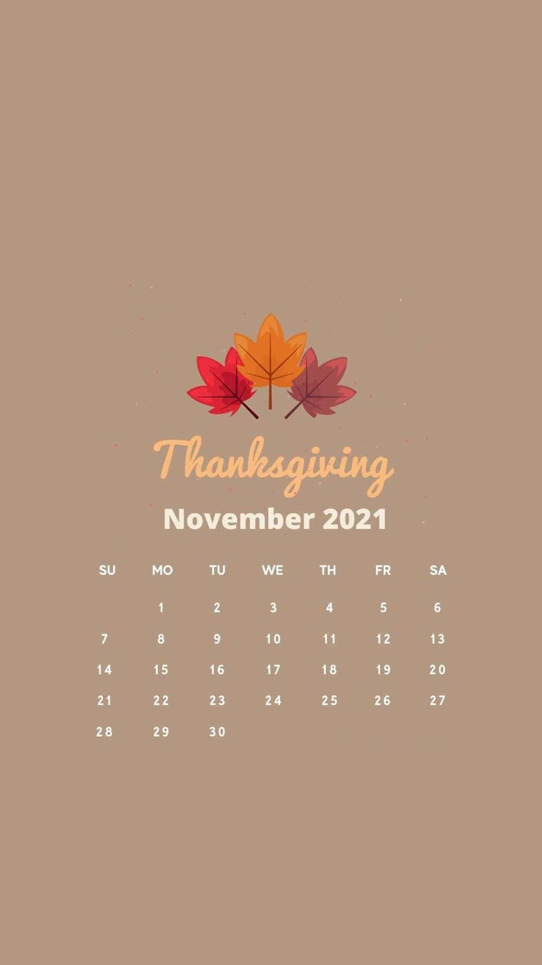 November 2021 Calendar, Thanksgiving, autumn leaves, Full HD Phone Wallpaper