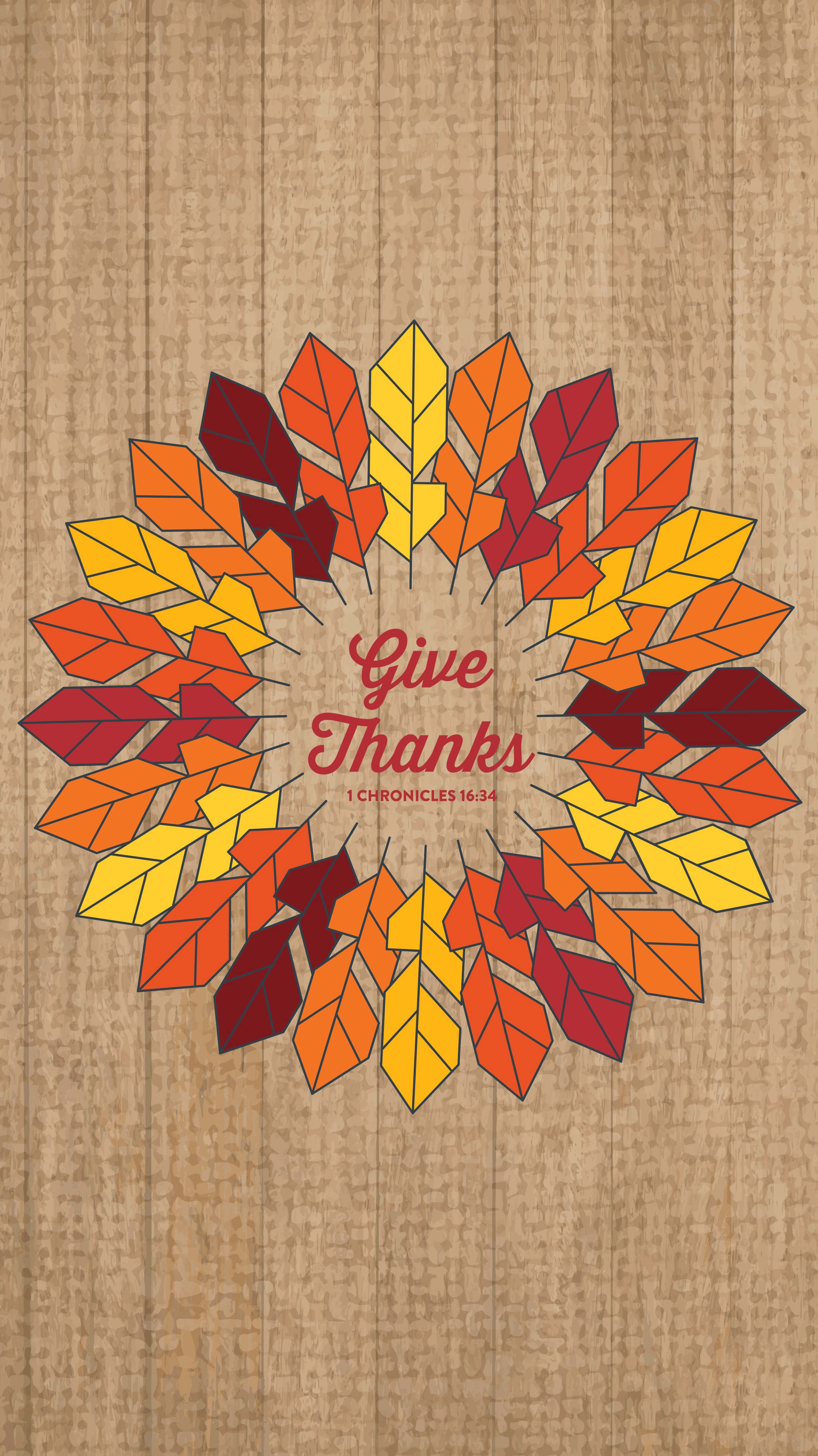 autumn leaf wreath, warm reds oranges and yellows, text Give Thanks, 5K Phone Wallpaper