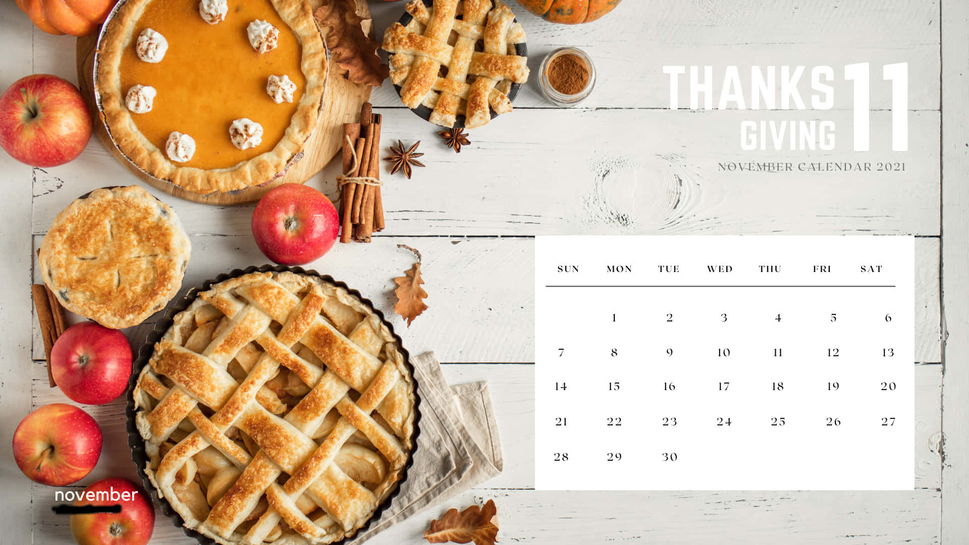November 2021 Calendar, Thanksgiving Pies And Fruits, apple pie, Full HD Desktop Wallpaper