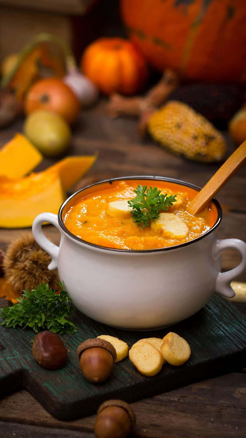 autumn harvest, rustic wooden board, vibrant orange pumpkin soup, HD Phone Wallpaper