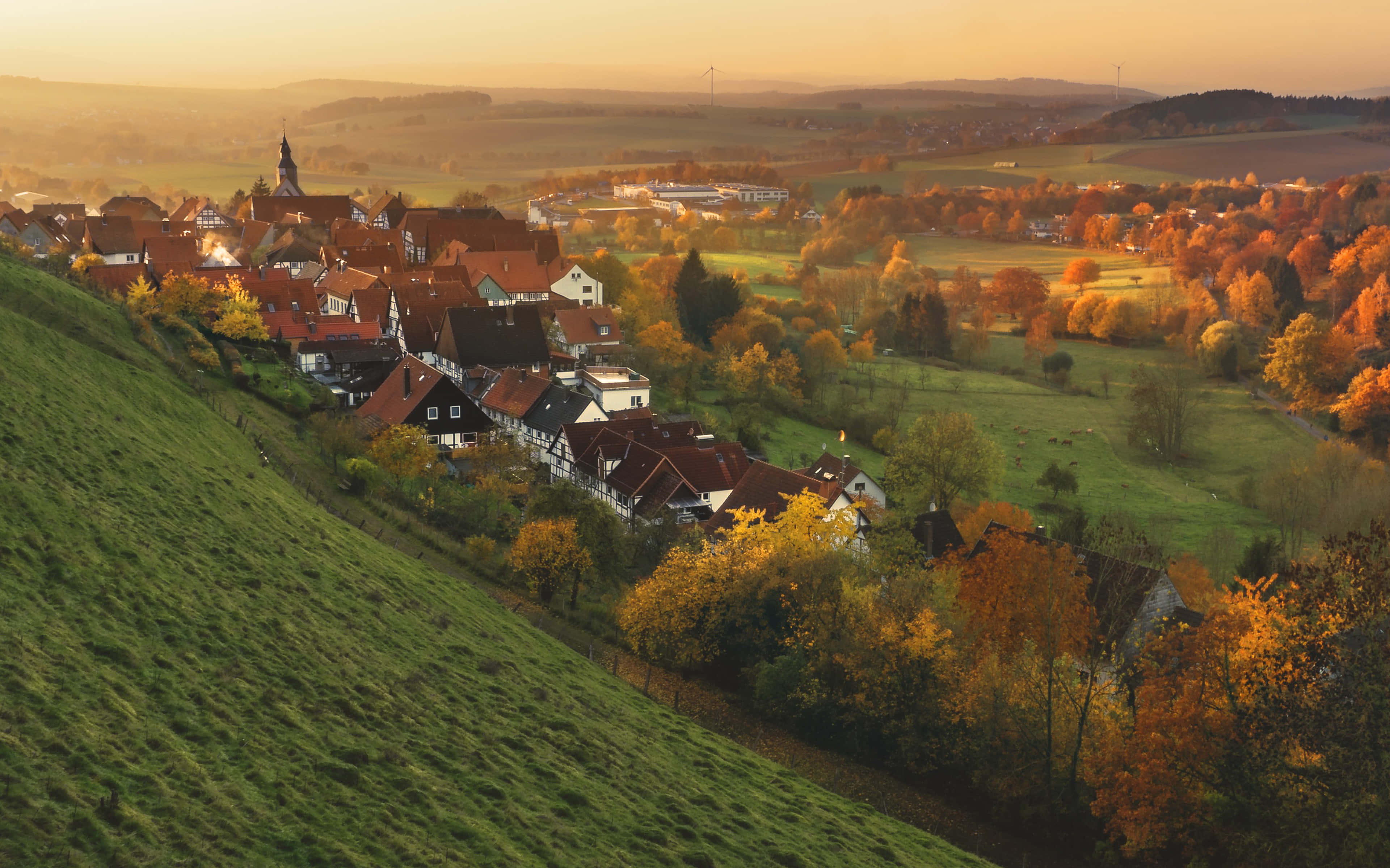 Fall Town, golden sunset, autumn forests, 4K Desktop Wallpaper