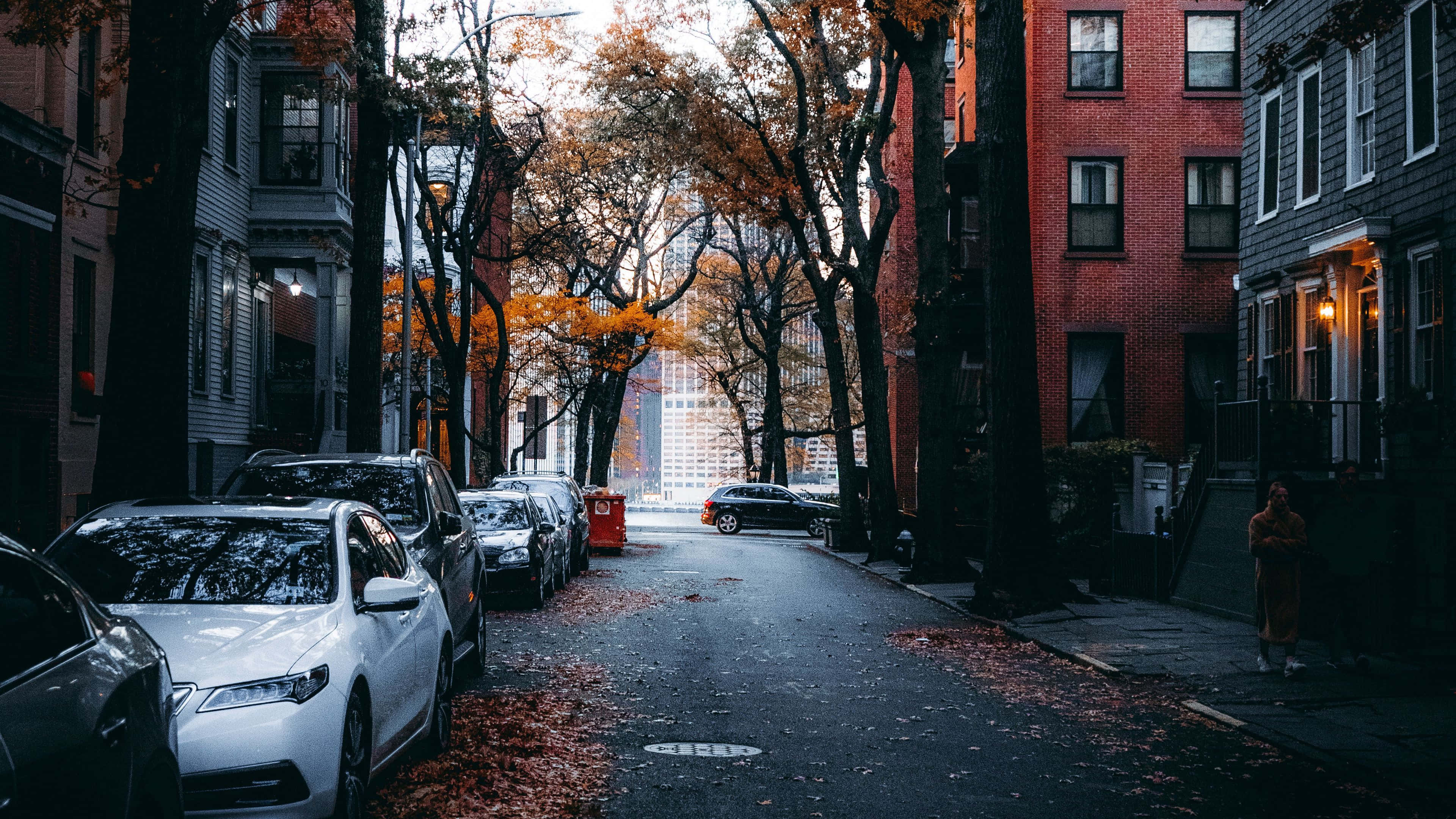 Fall Town, autumn street, brick row houses, 4K Desktop Wallpaper