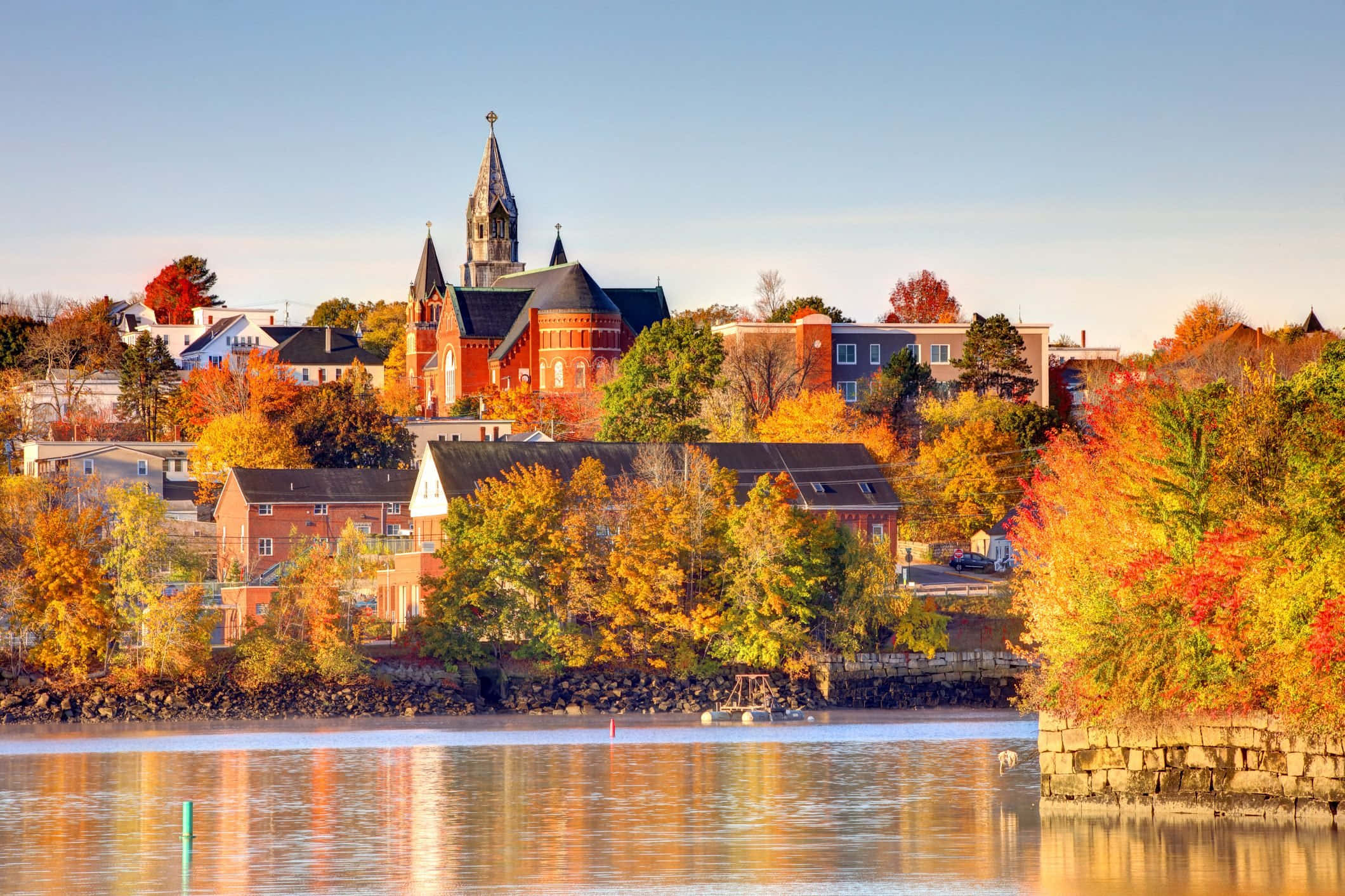 Fall Town, red brick church, river, Full HD Desktop Wallpaper