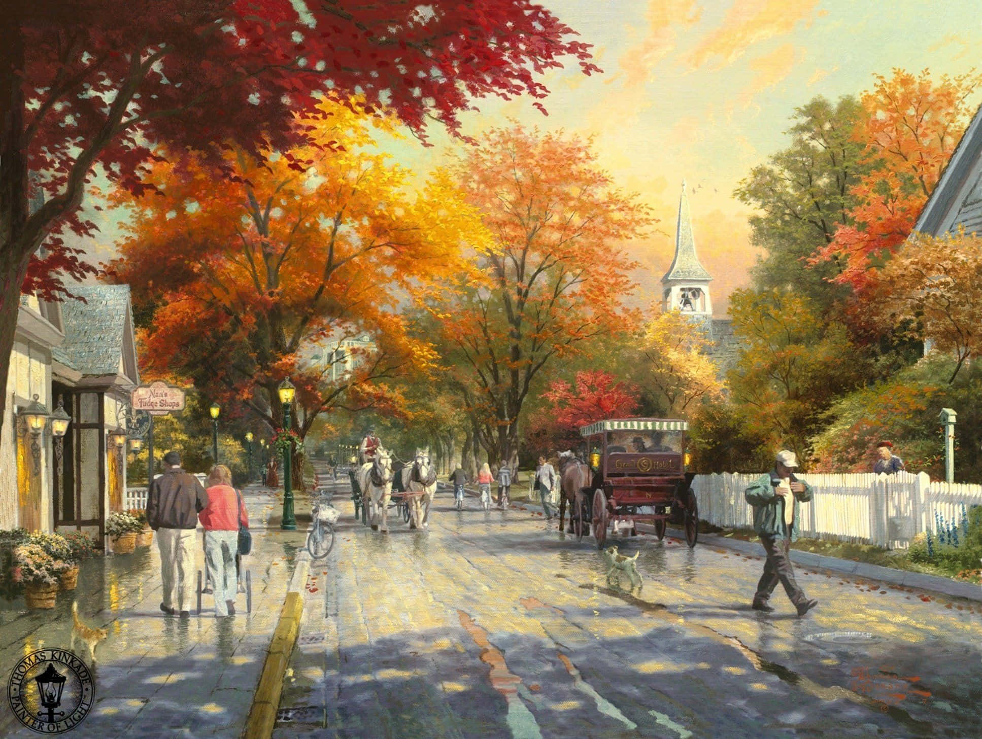 Fall Town, autumn street scene, vibrant red and orange foliage, Full HD Desktop Wallpaper