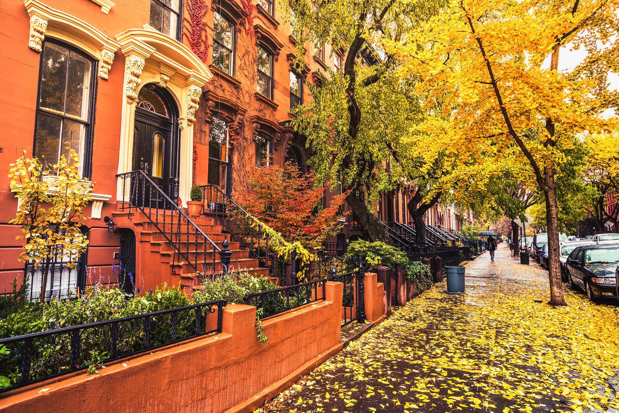 Fall Town, autumn street, red brick brownstones, Full HD Desktop Wallpaper