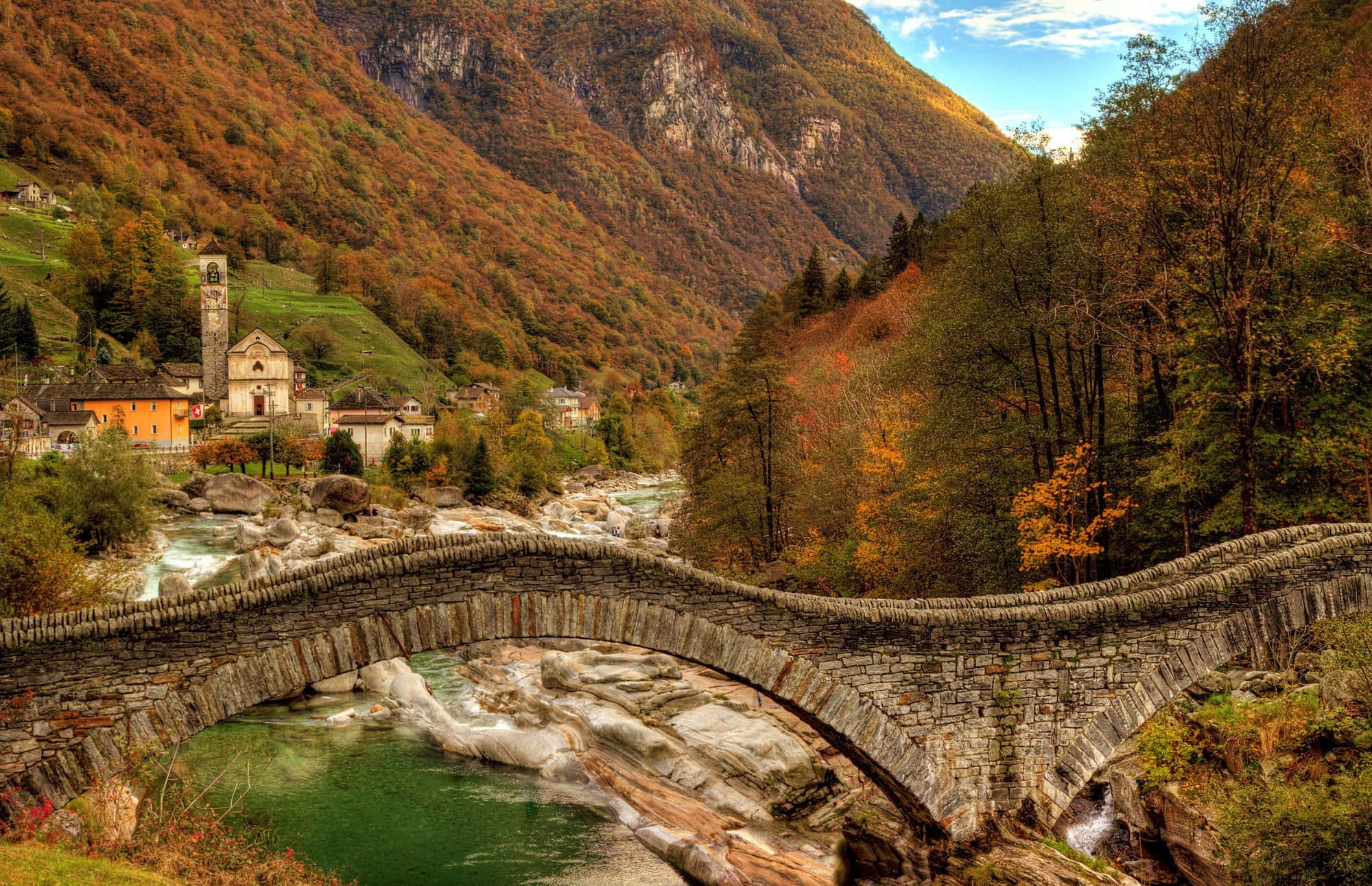 Fall Town, stone arch bridge, rushing river, Full HD Desktop Wallpaper