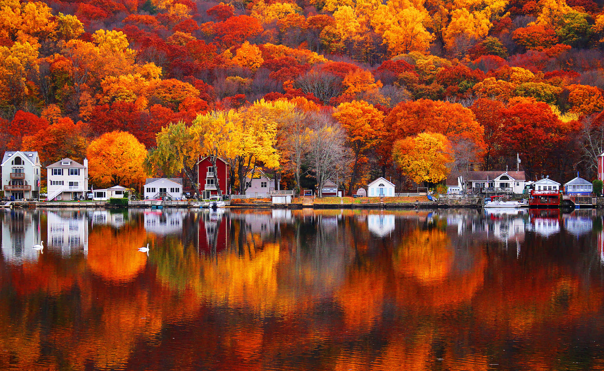 Fall Town, autumn foliage, hillside, Full HD Desktop Wallpaper