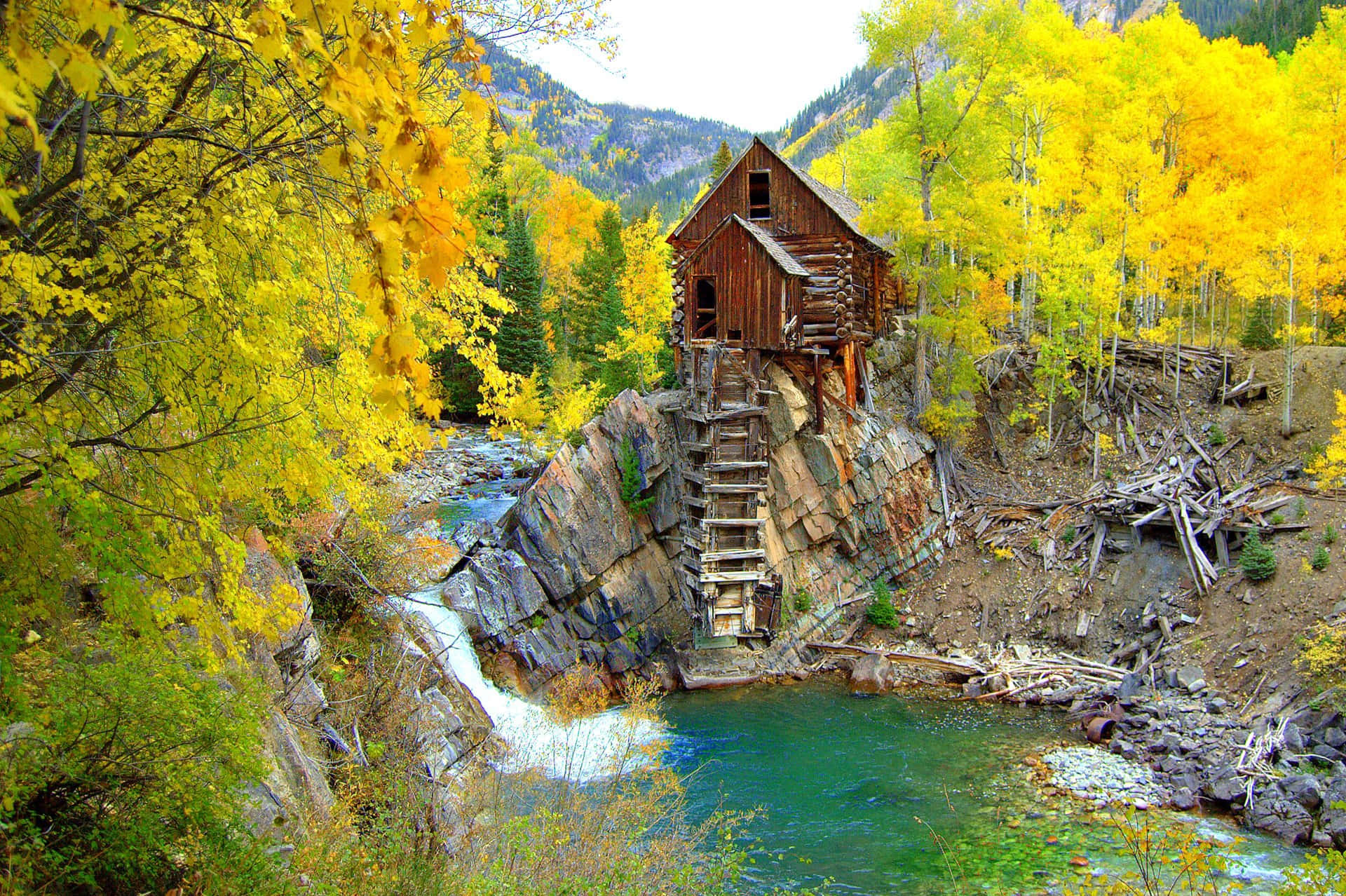 Fall Town, rustic wooden mill, rocky cliffside, Full HD Desktop Wallpaper